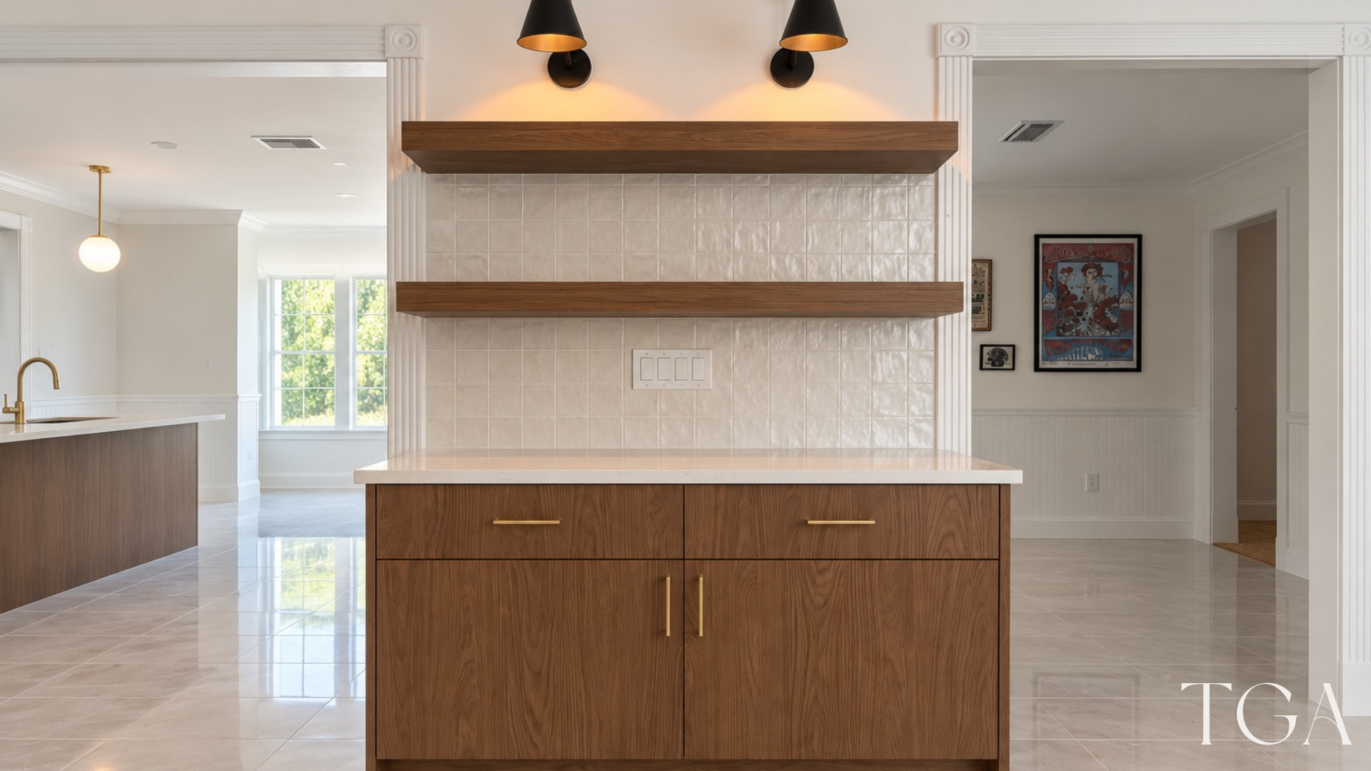 Walnut cabinet and drawer storage beneath two floating shelves, black wall lights and a light tile backsplash