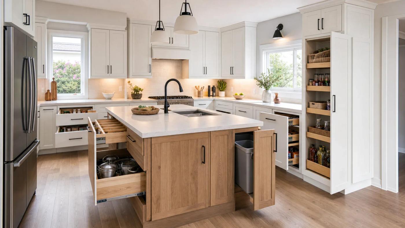 Replacement kitchen cabinets with drawers, pantry pull-outs, and storage accessories open