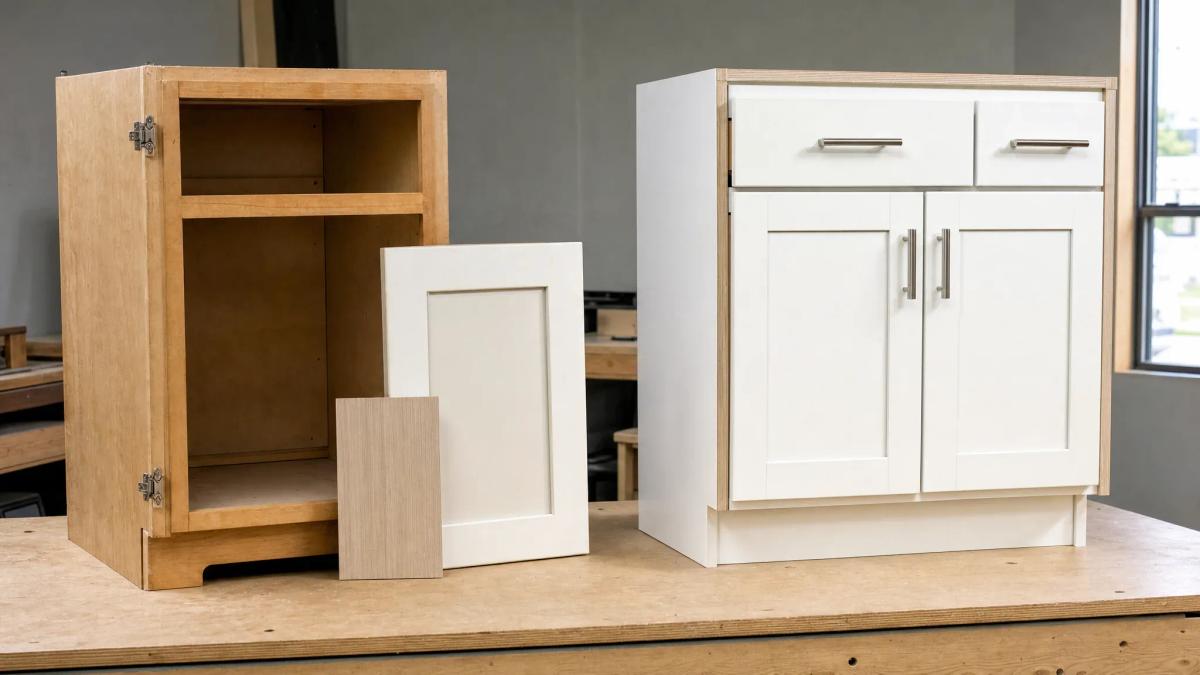 Retained cabinet box and new door sample beside a complete replacement cabinet