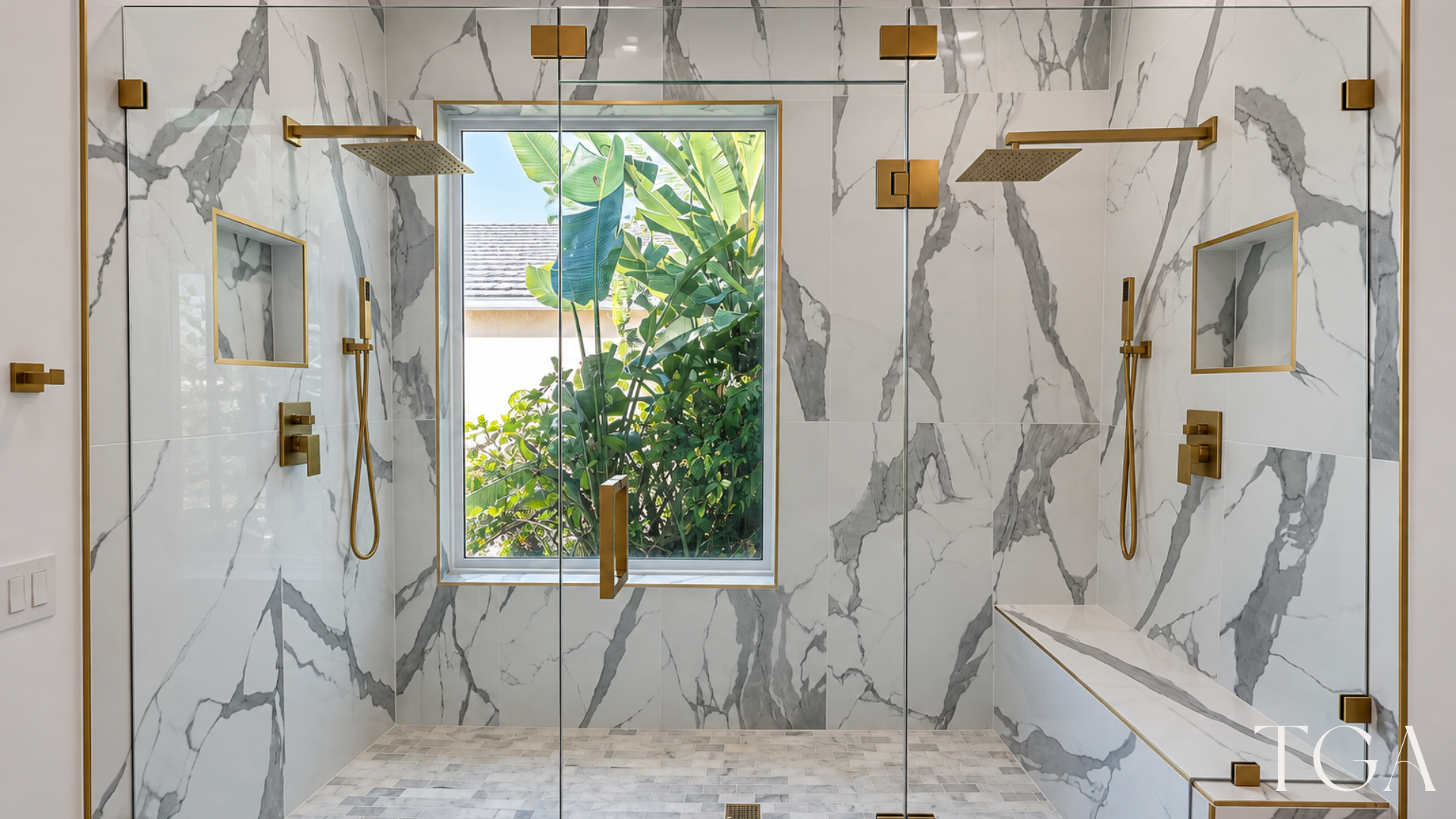 Dual shower with two gold showerheads, handheld fixtures, recessed niches and a bench around a large window.
