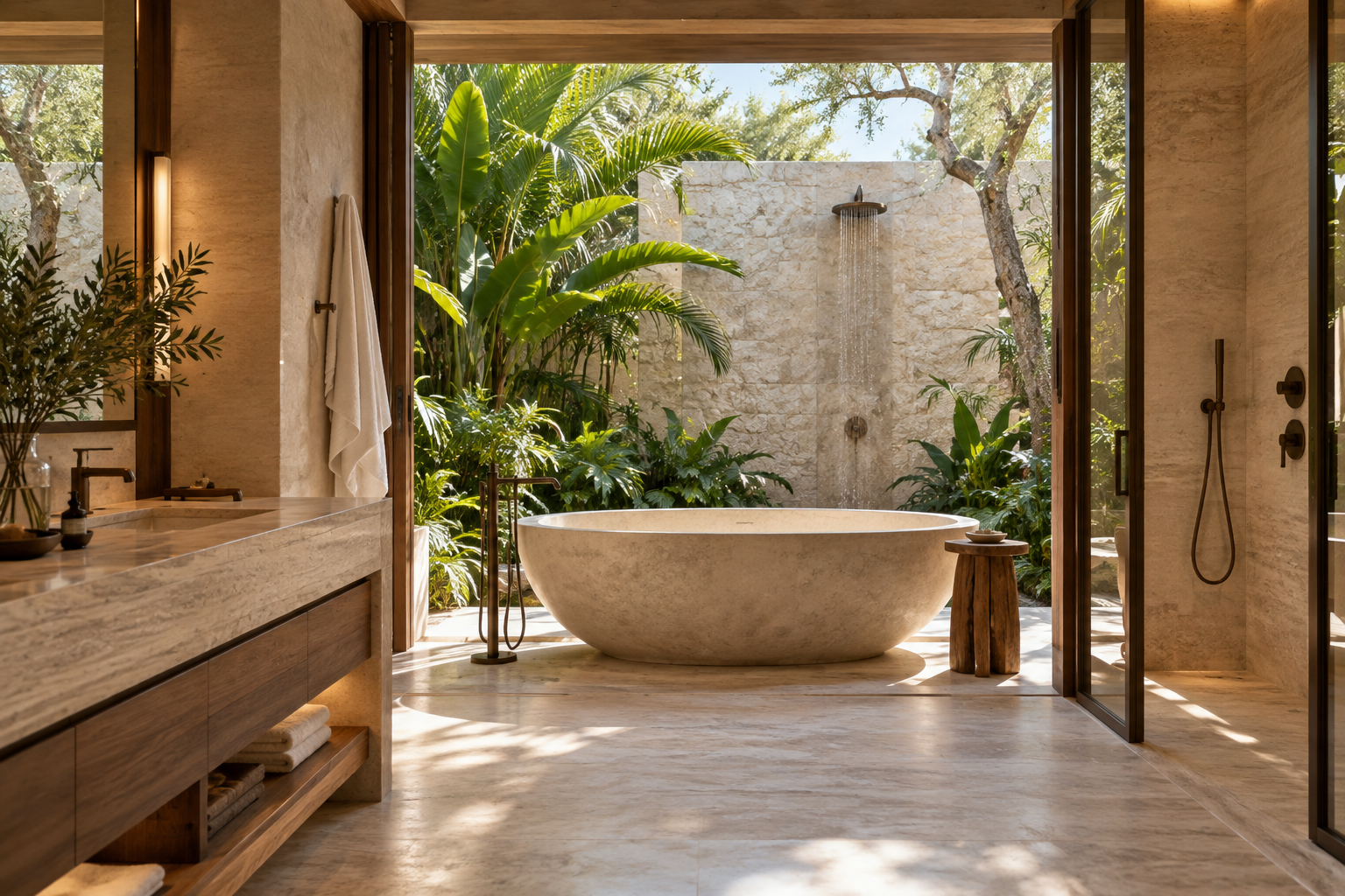 Stone bathtub opening onto a private tropical courtyard