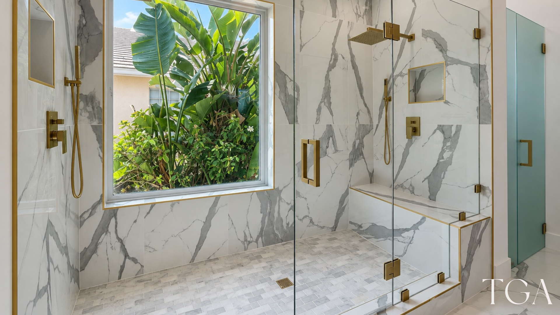 Glass shower enclosure with gray-veined white walls, a mosaic floor, a built-in bench and gold trim.