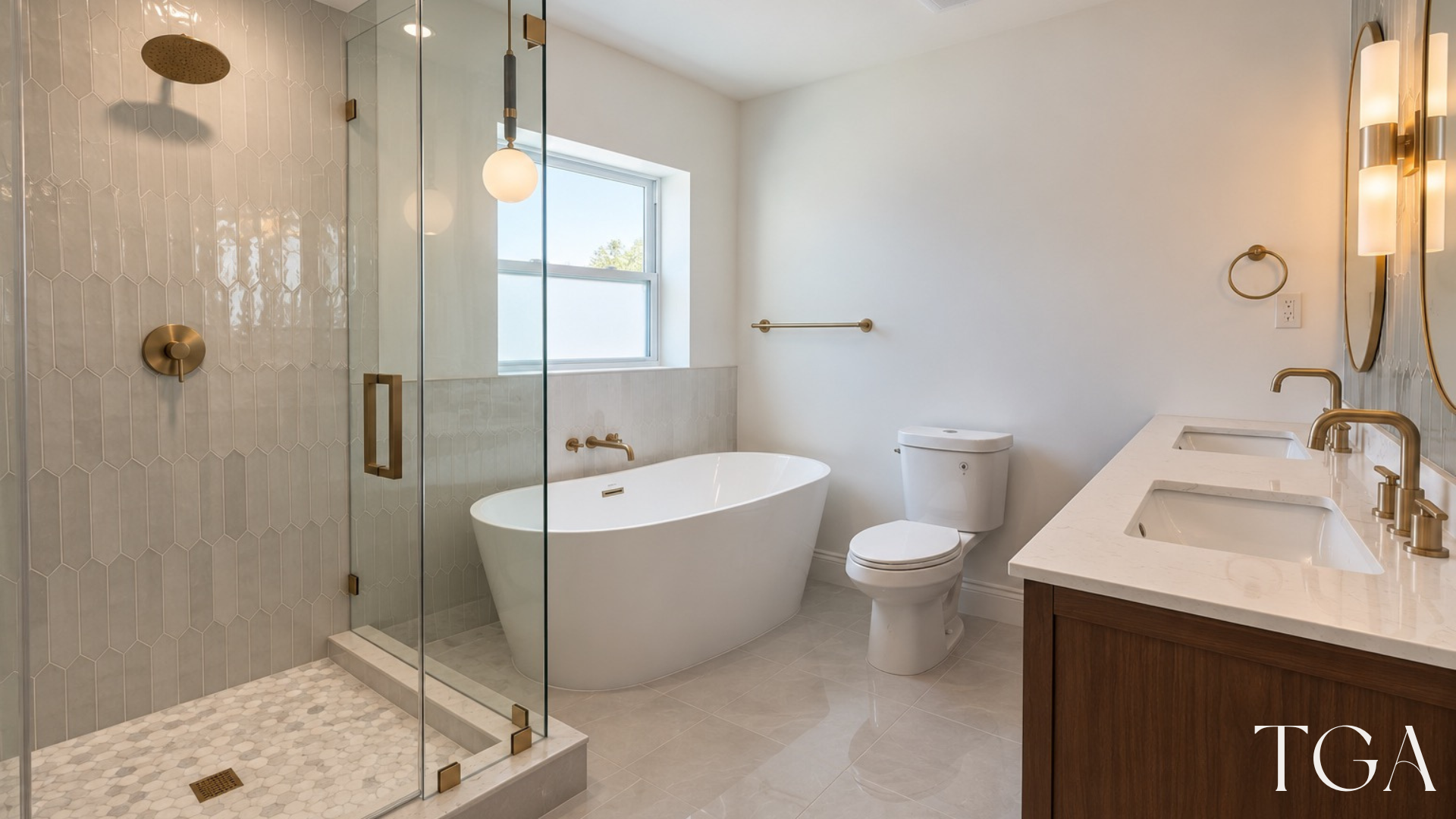 Master bathroom showing a glass-enclosed shower, freestanding tub and double vanity
