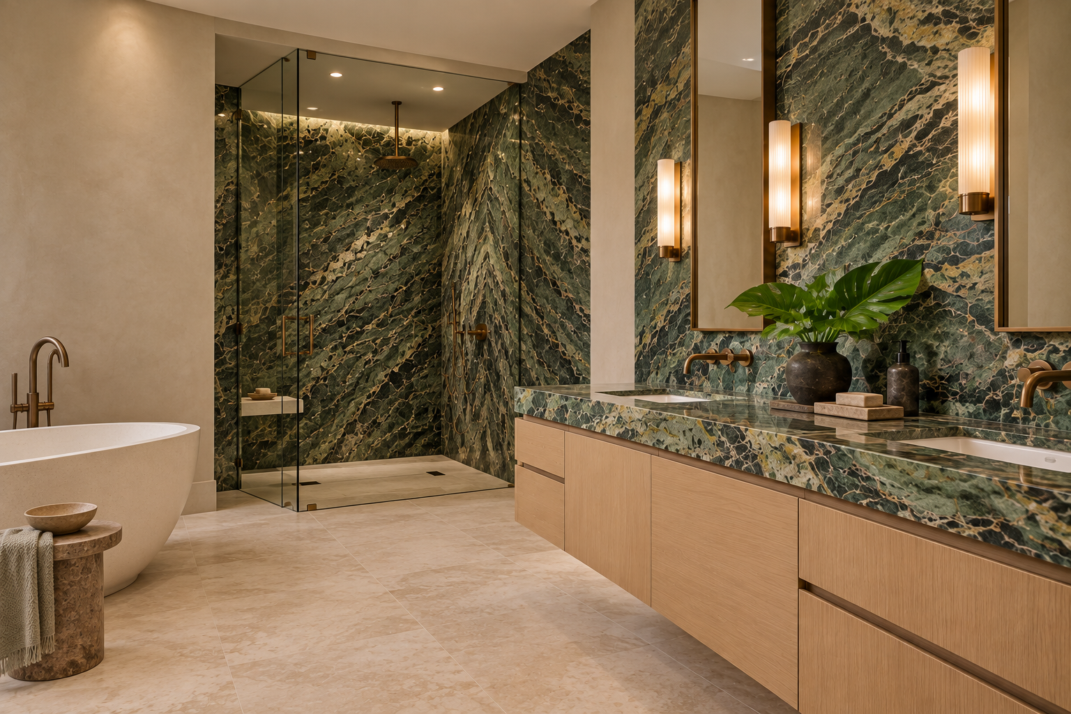 Green stone shower and double vanity with pale oak cabinetry