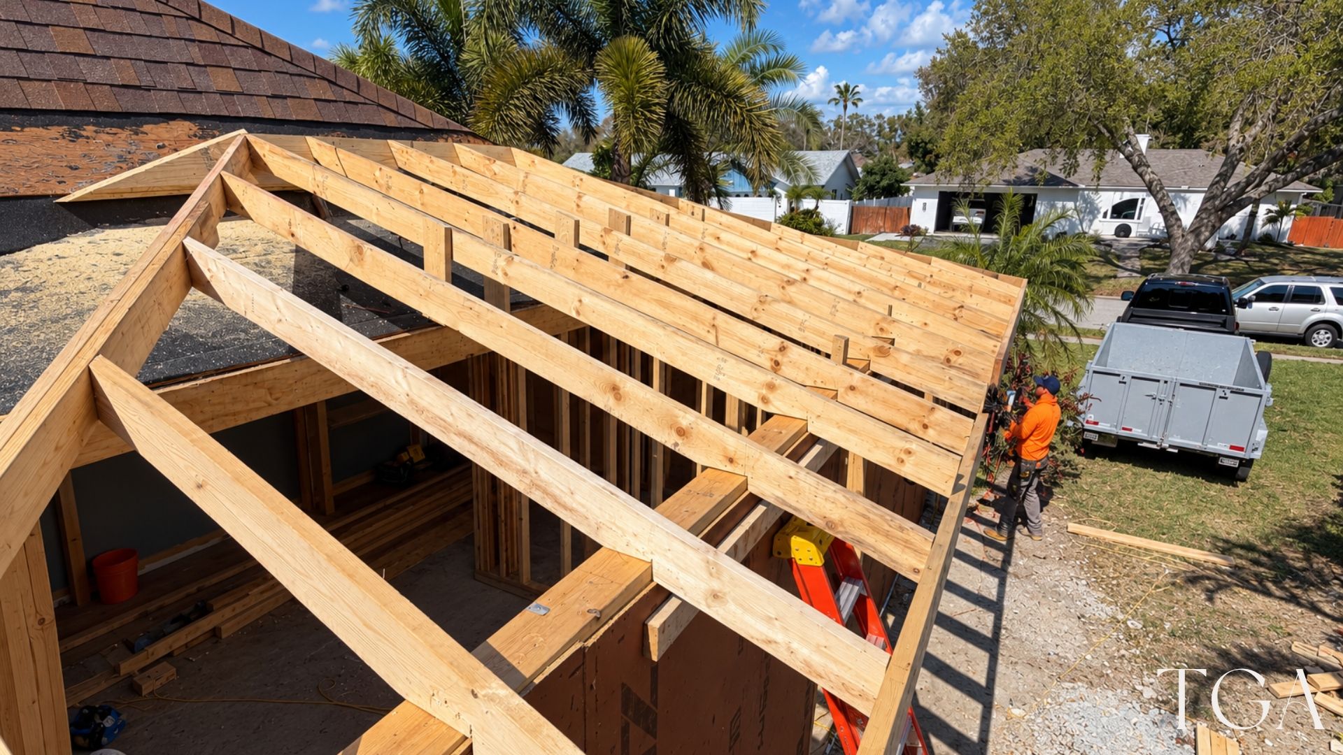 Exposed roof framing where the new home addition joins the existing roof