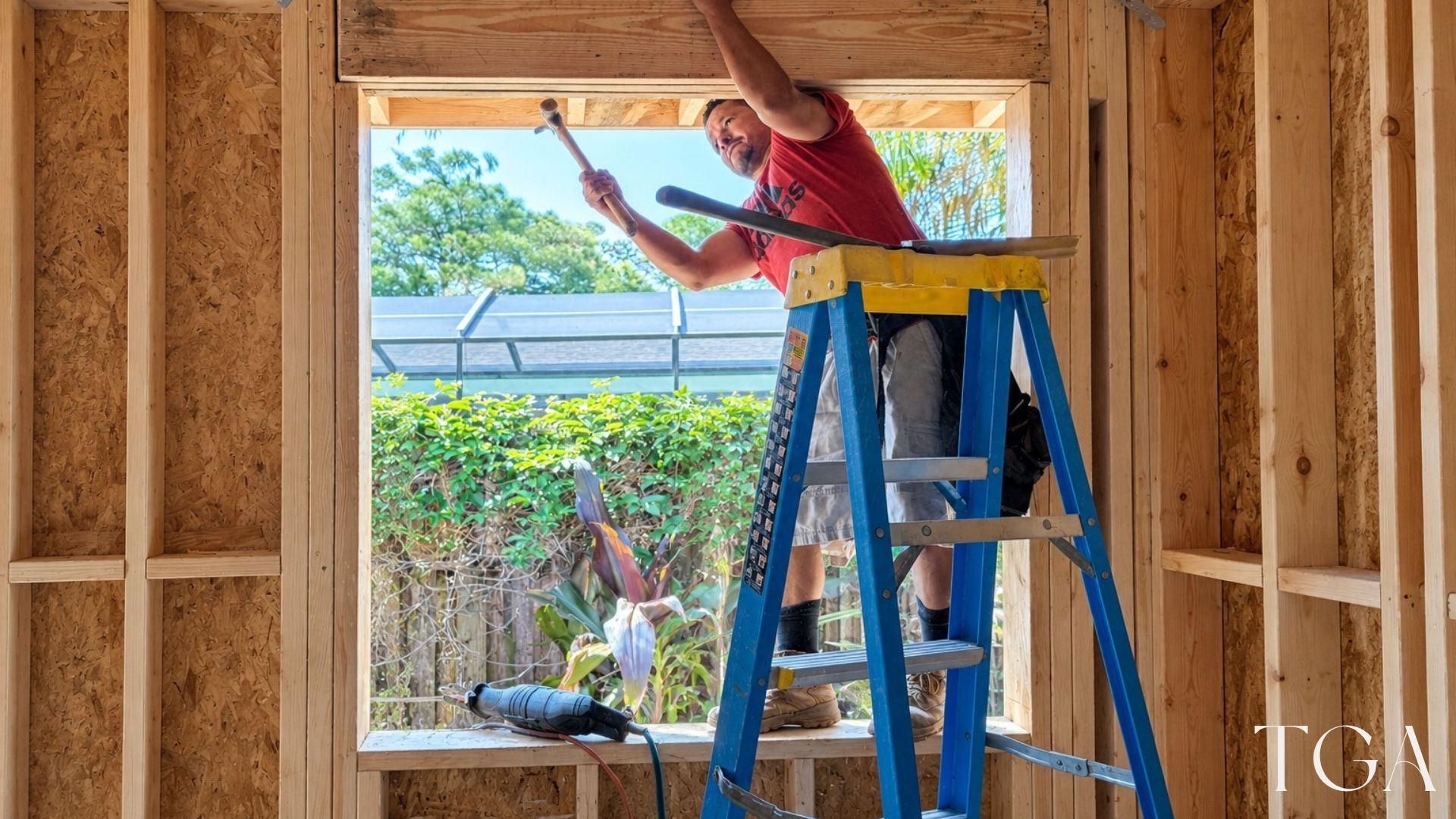 Construction work at a window opening inside the framed home addition