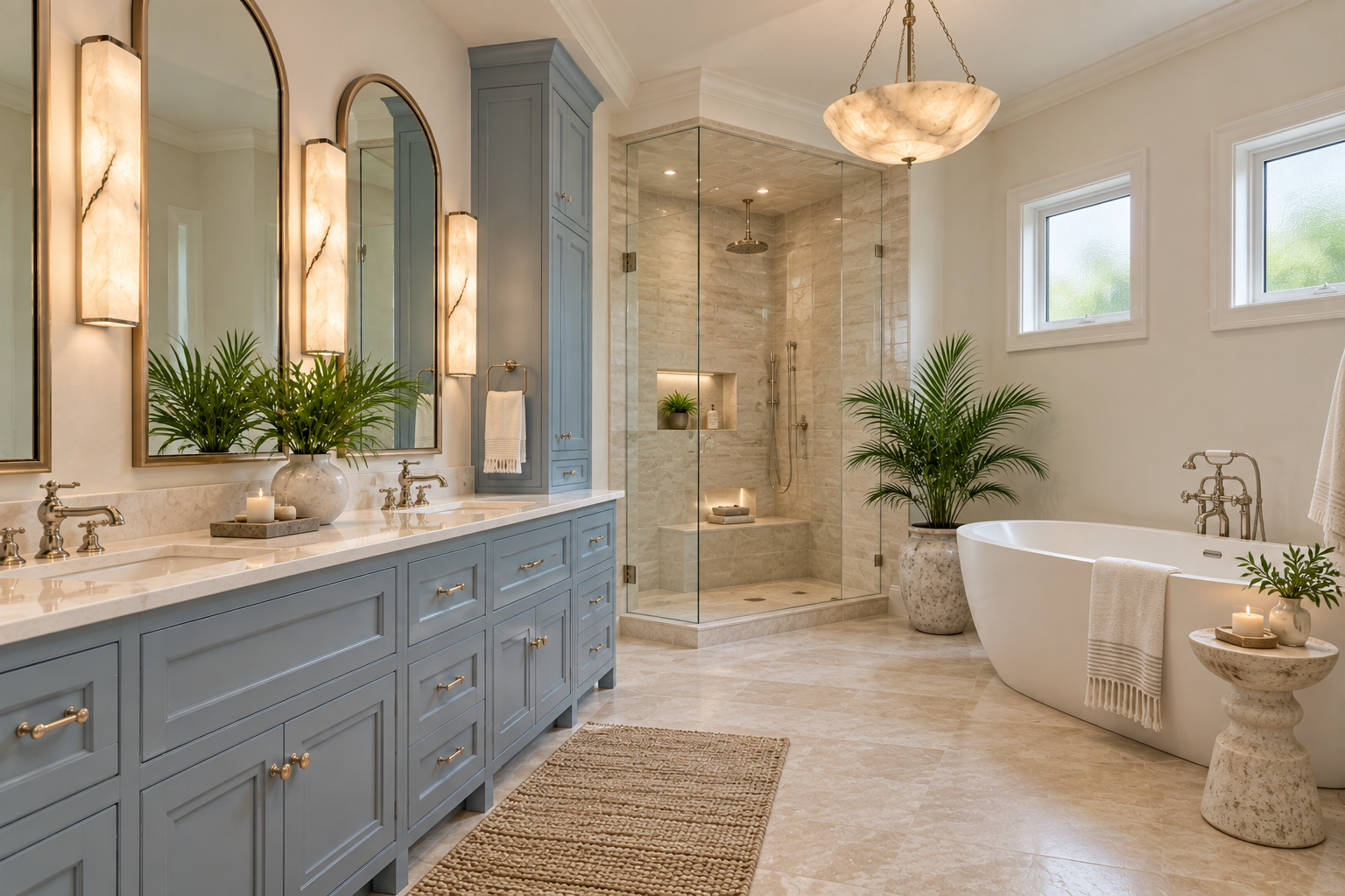Blue double vanity with a corner shower and small privacy windows