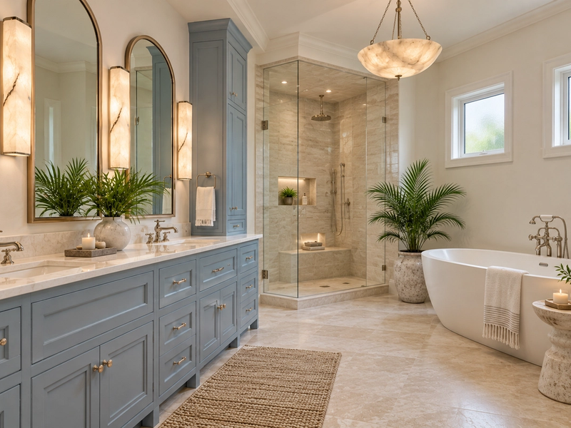 Blue double vanity with a corner shower and small privacy windows