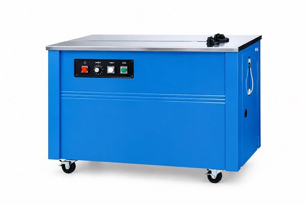 Zunchadora semiautomática TP-201 azul con mesa en acero inoxidable