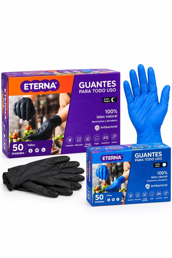 Guantes Eterna de látex natural para todo uso, en azul y negro, x 50 unidades