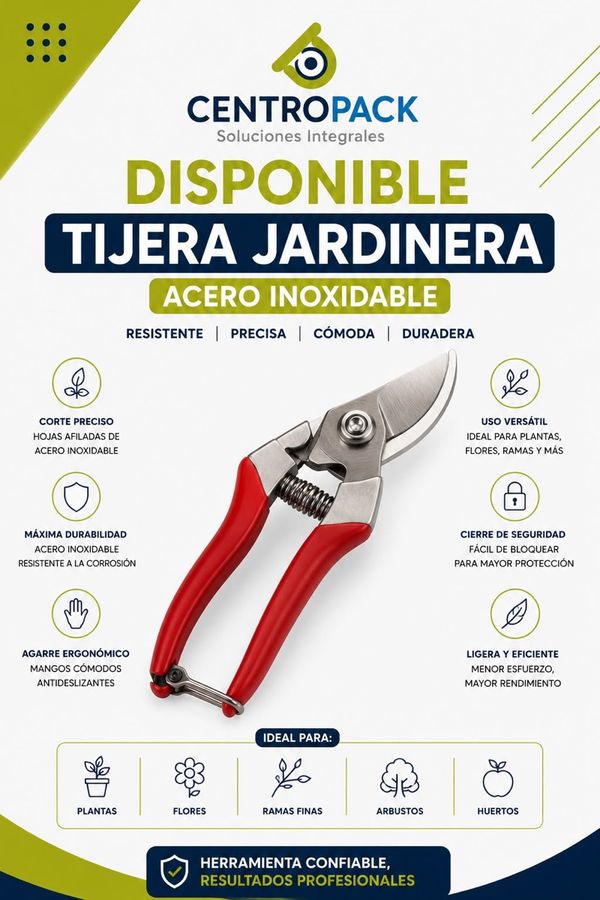 Tijera jardinera en acero inoxidable con mangos rojos ergonómicos