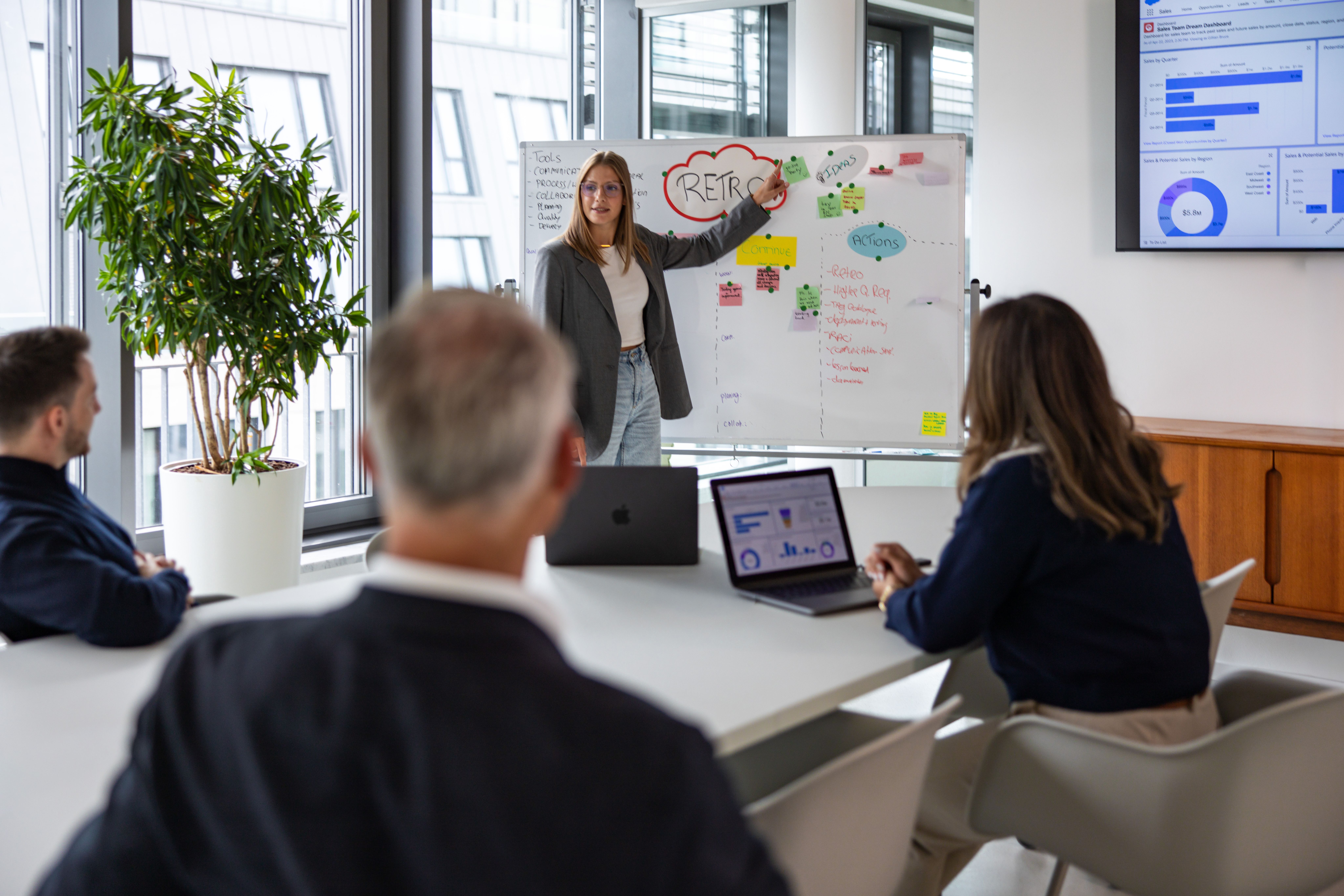 Salesfive Teammitglieder in Meetingraum während einer Präsentation