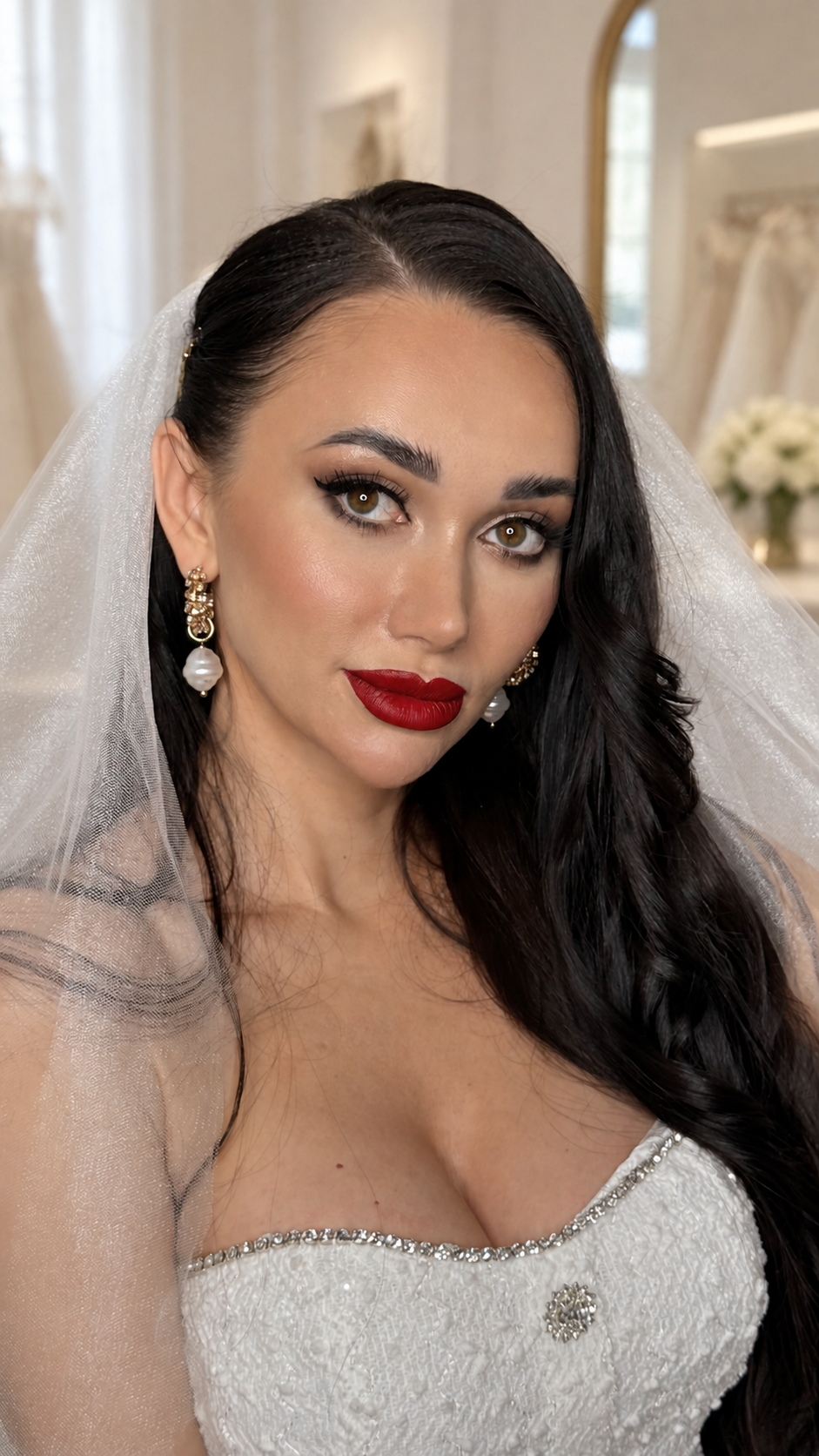 Brunette bride with long side-swept waves, winged eye makeup, and red lipstick.