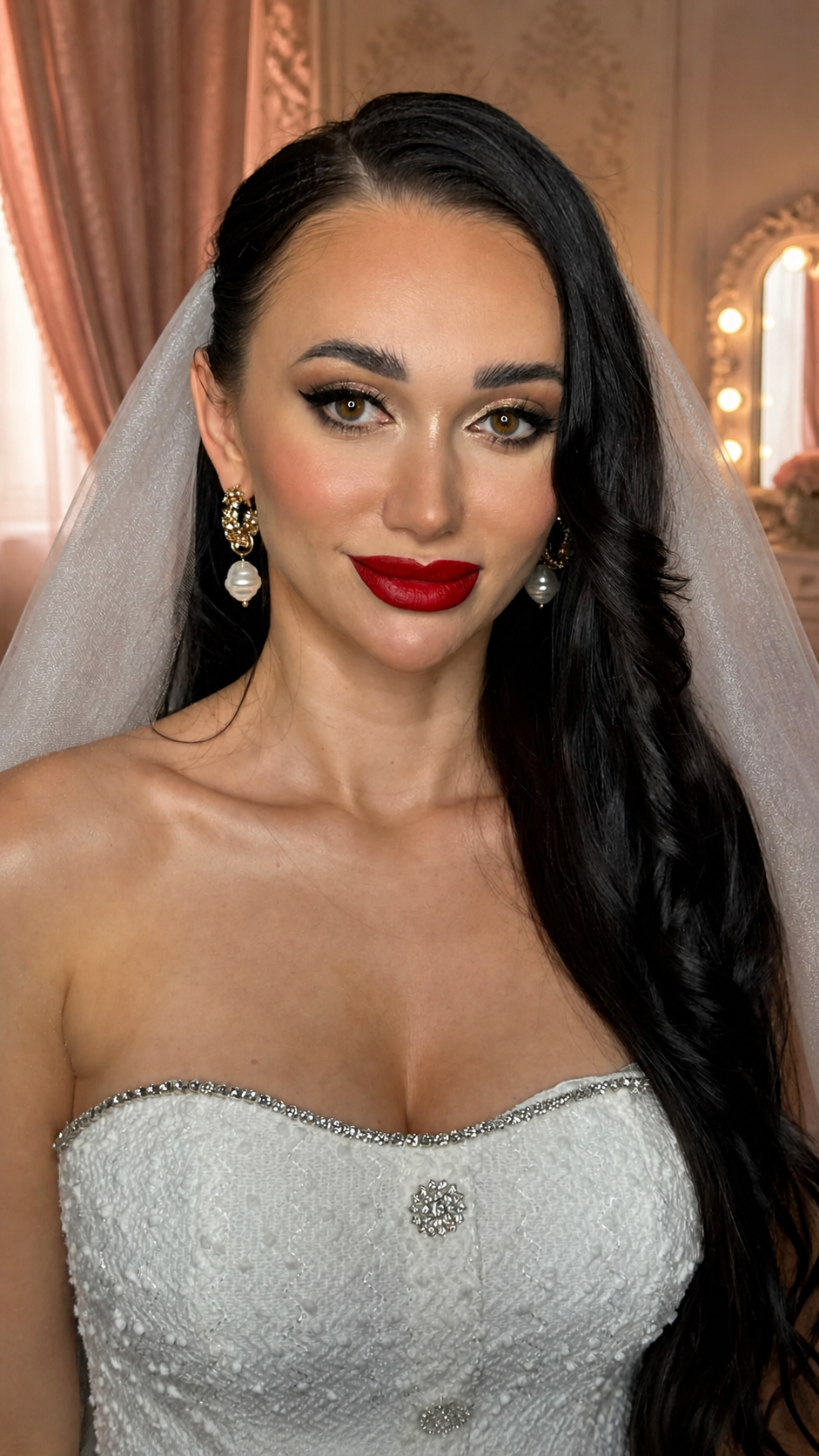 Bride wearing a veil with long side-swept black waves, gold eye makeup, and a red lip.