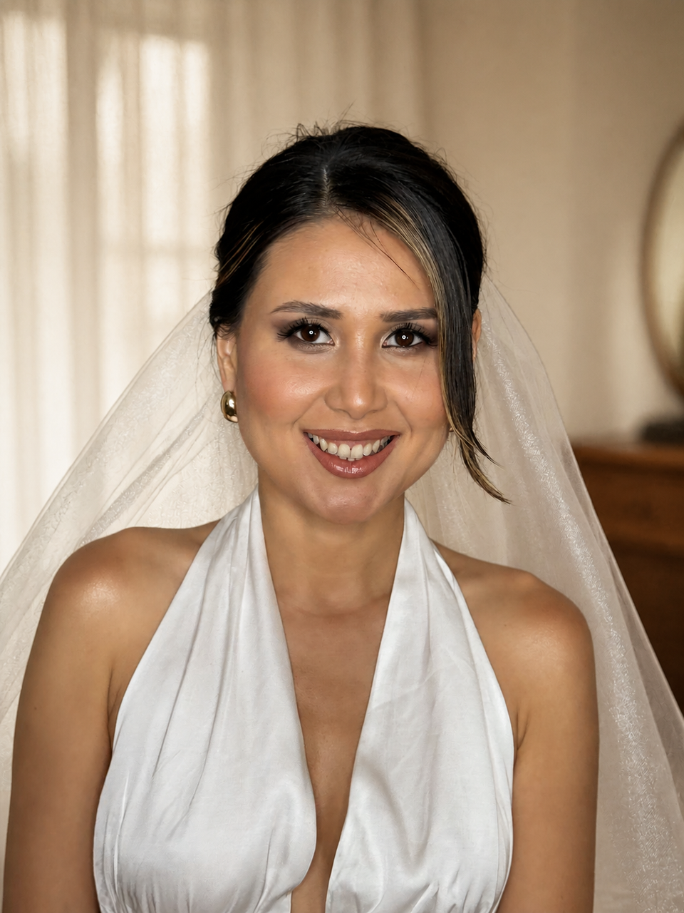 Smiling bride with a swept updo, face-framing strand, veil, and warm neutral makeup.