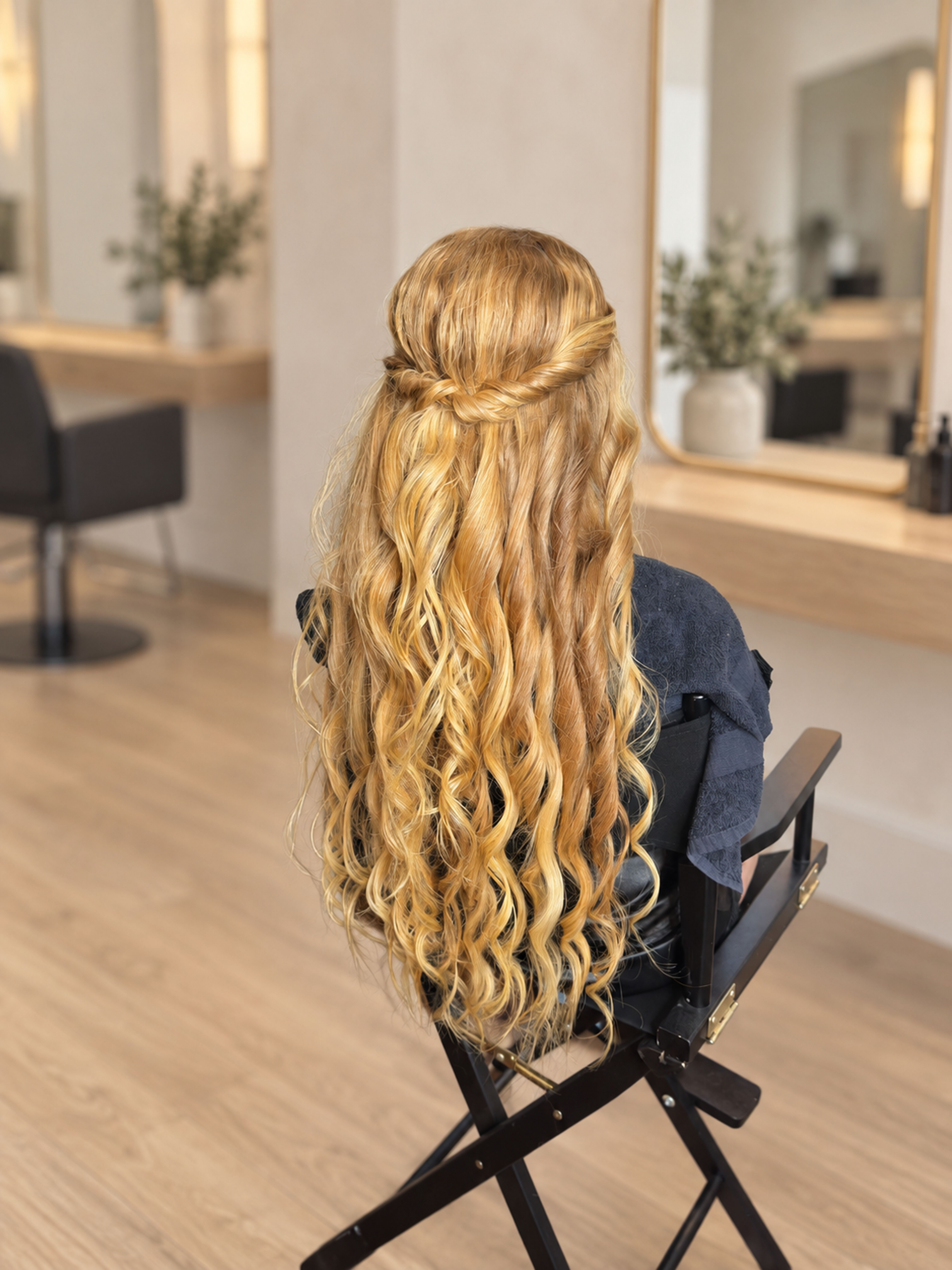 Back view of long blonde curls styled in a twisted half-up hairstyle.