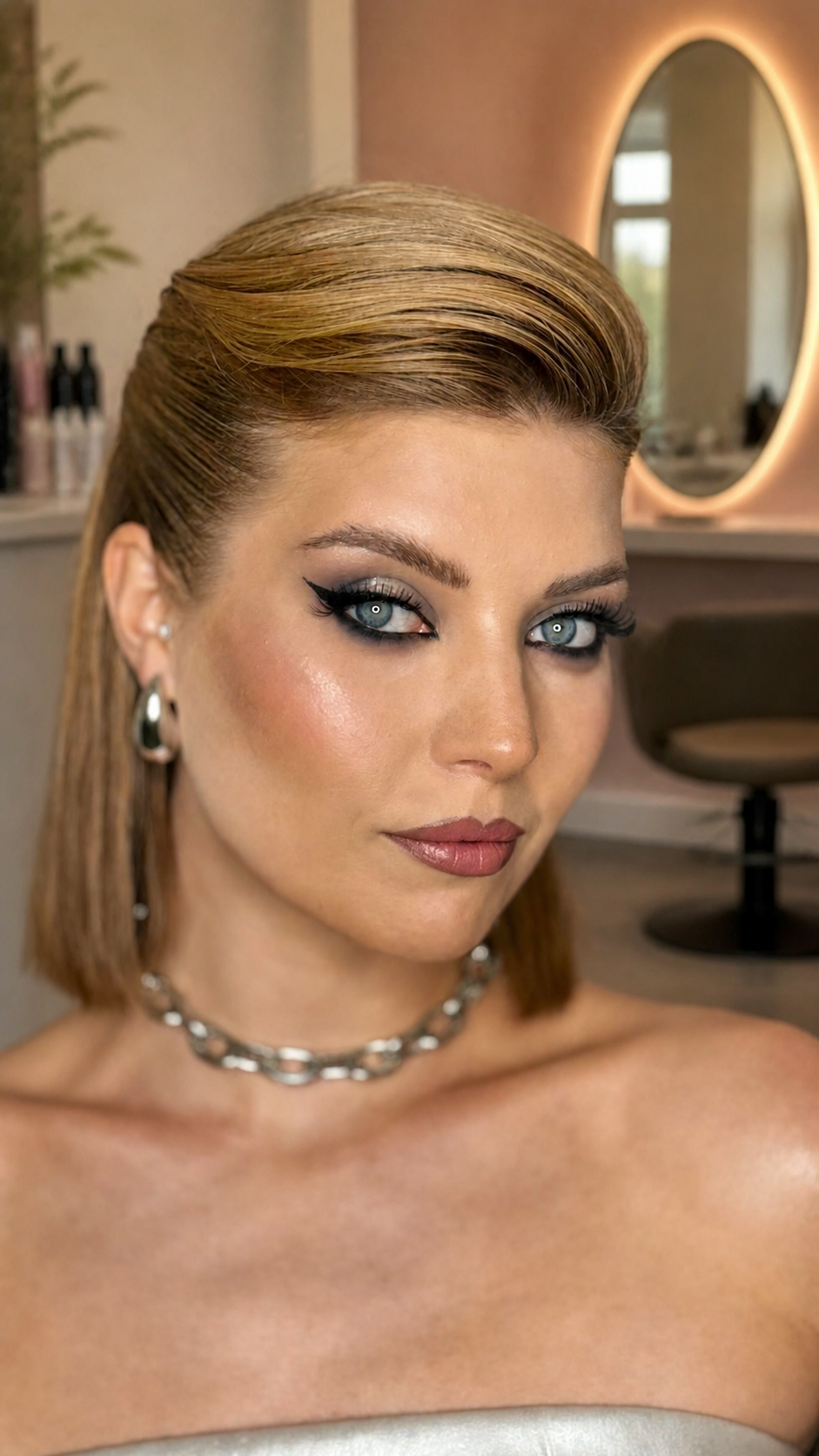 Blonde woman with swept-back hair, smoky winged eye makeup, and a neutral lip.