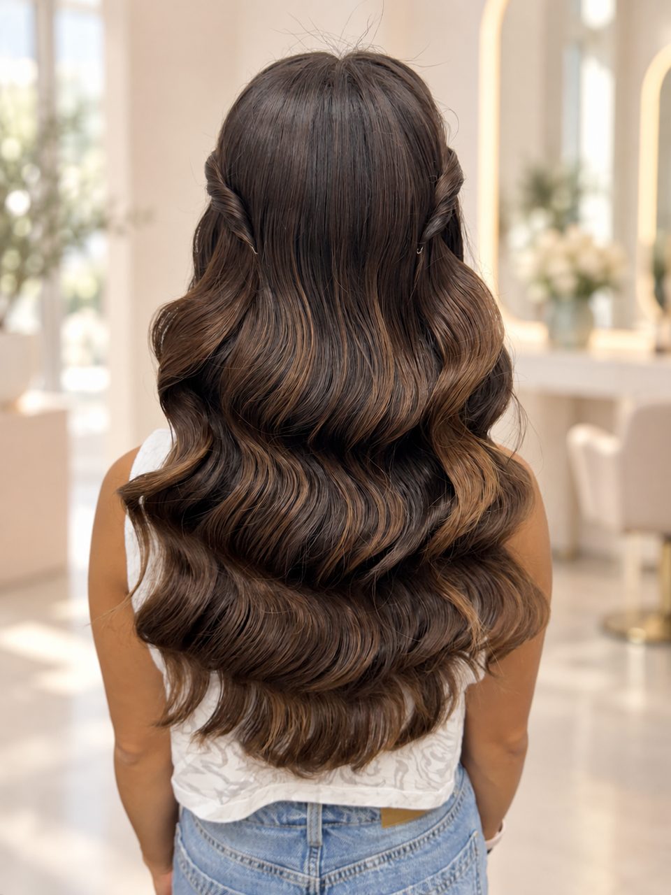 Back view of long brunette hair styled in glossy Hollywood waves.
