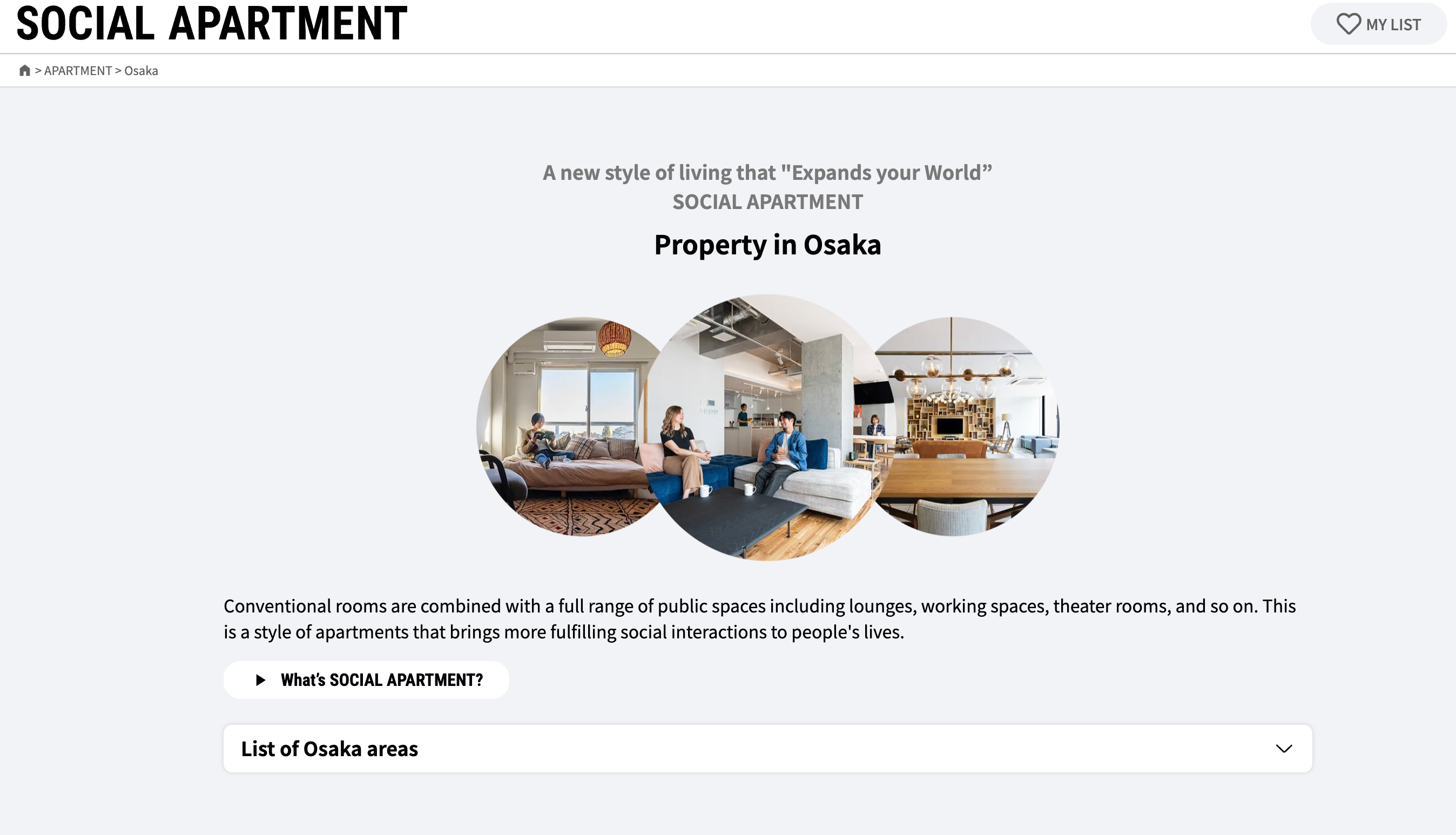 Social Apartment Osaka website showing vignettes of shared living spaces