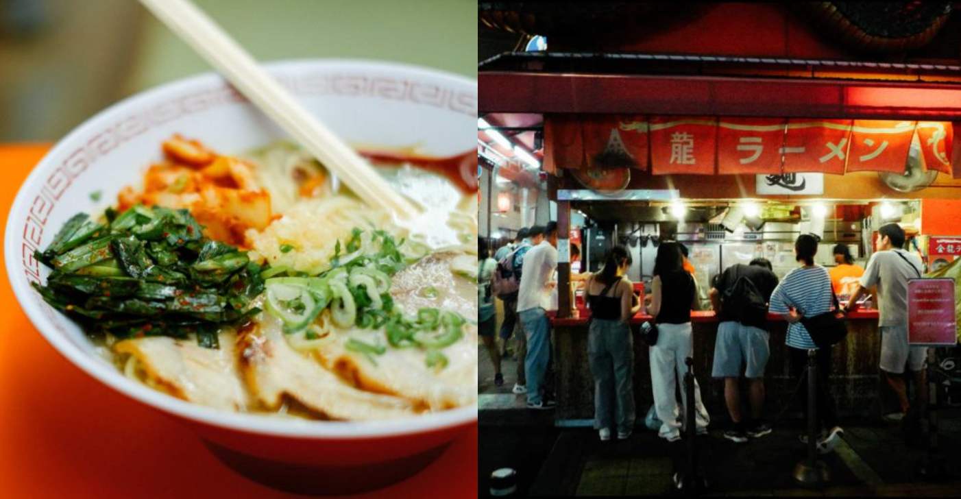 Kinryu Ramen bowl and customers at the iconic red outdoor street stall in Osaka at night