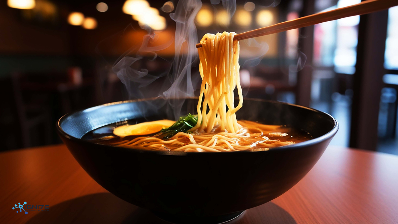 Chopsticks lifting steaming ramen noodles from a hot bowl in a restaurant