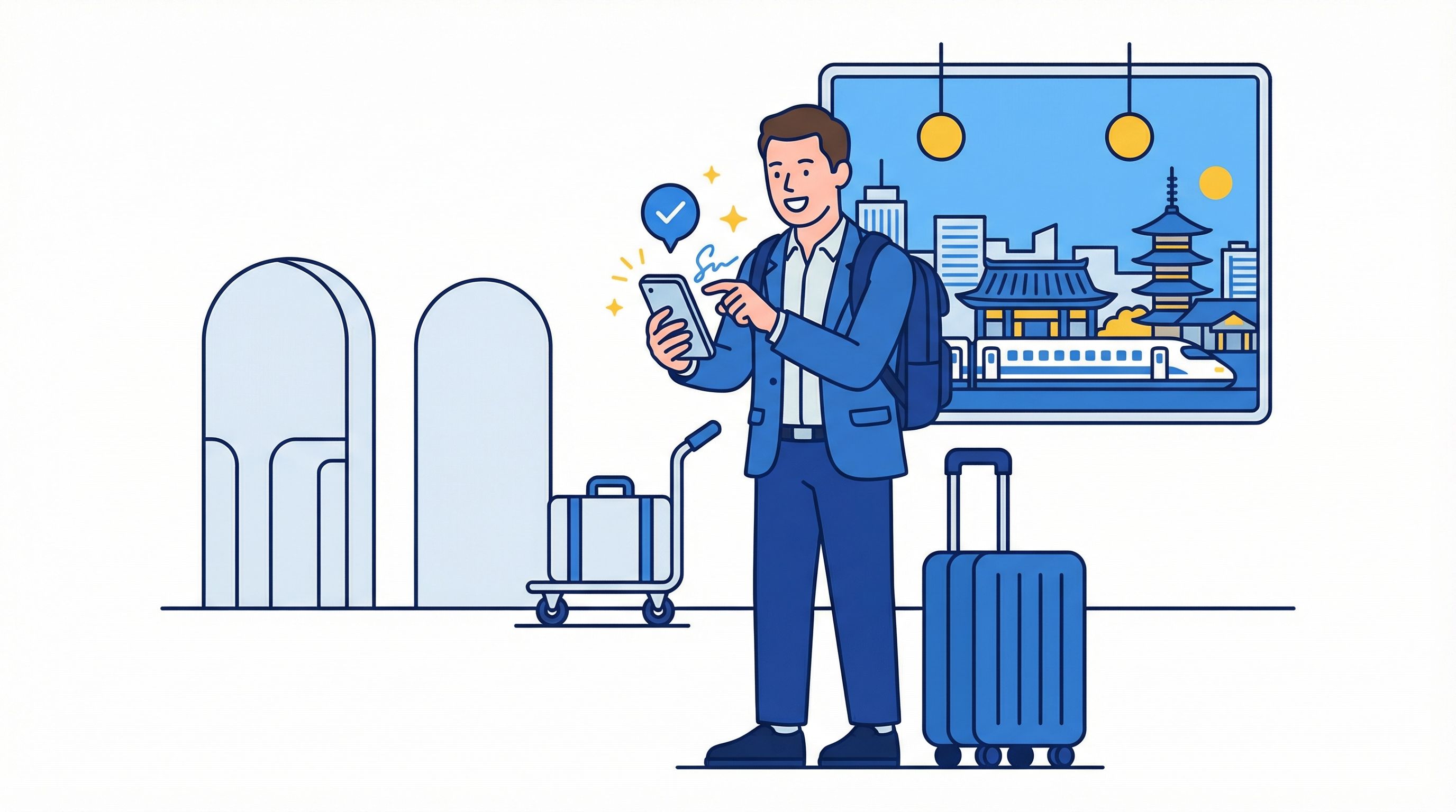 A young professional signing a share house contract on his smartphone at a Japanese airport—the modern way to secure your room before you even land