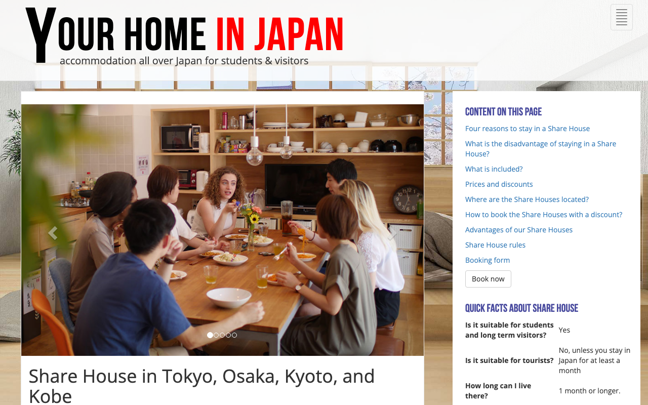 Your Home in Japan share house platform showing student-focused accommodation with DreamStudies partnership