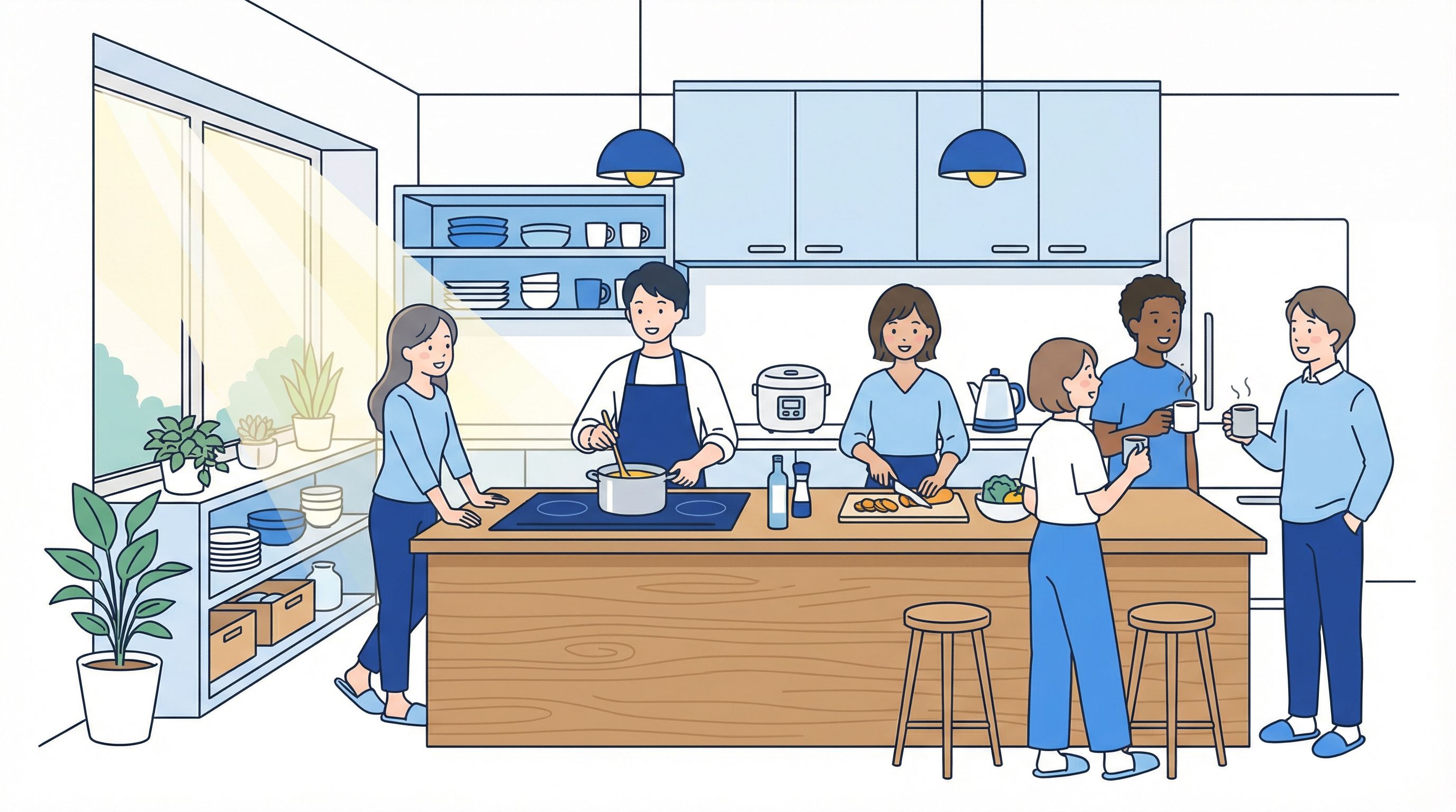 International residents cooking and chatting in a modern share house kitchen in Osaka
