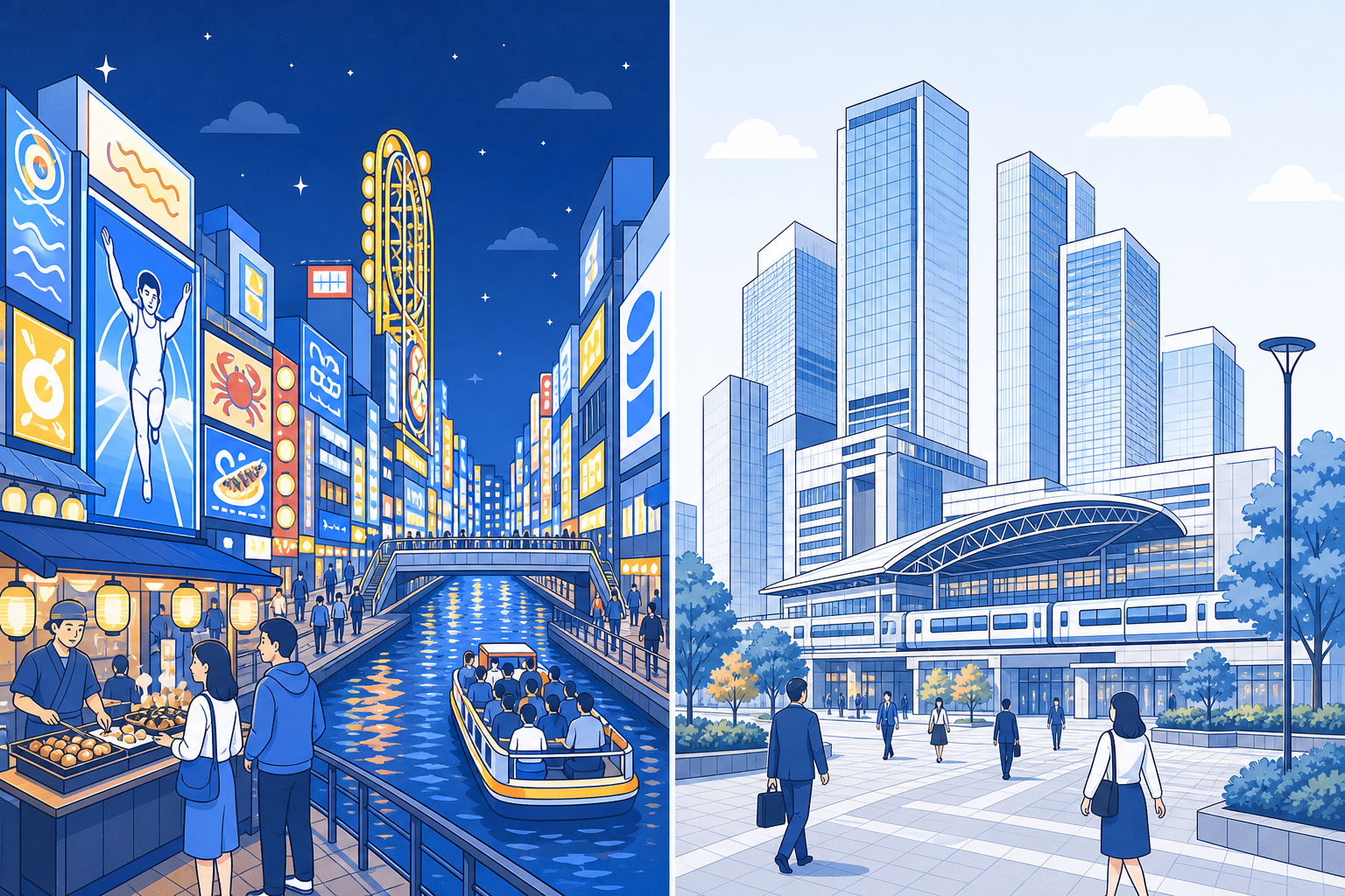 Side-by-side contrast of neon-lit Namba and Dotonbori at night versus the modern skyscrapers of Umeda by day