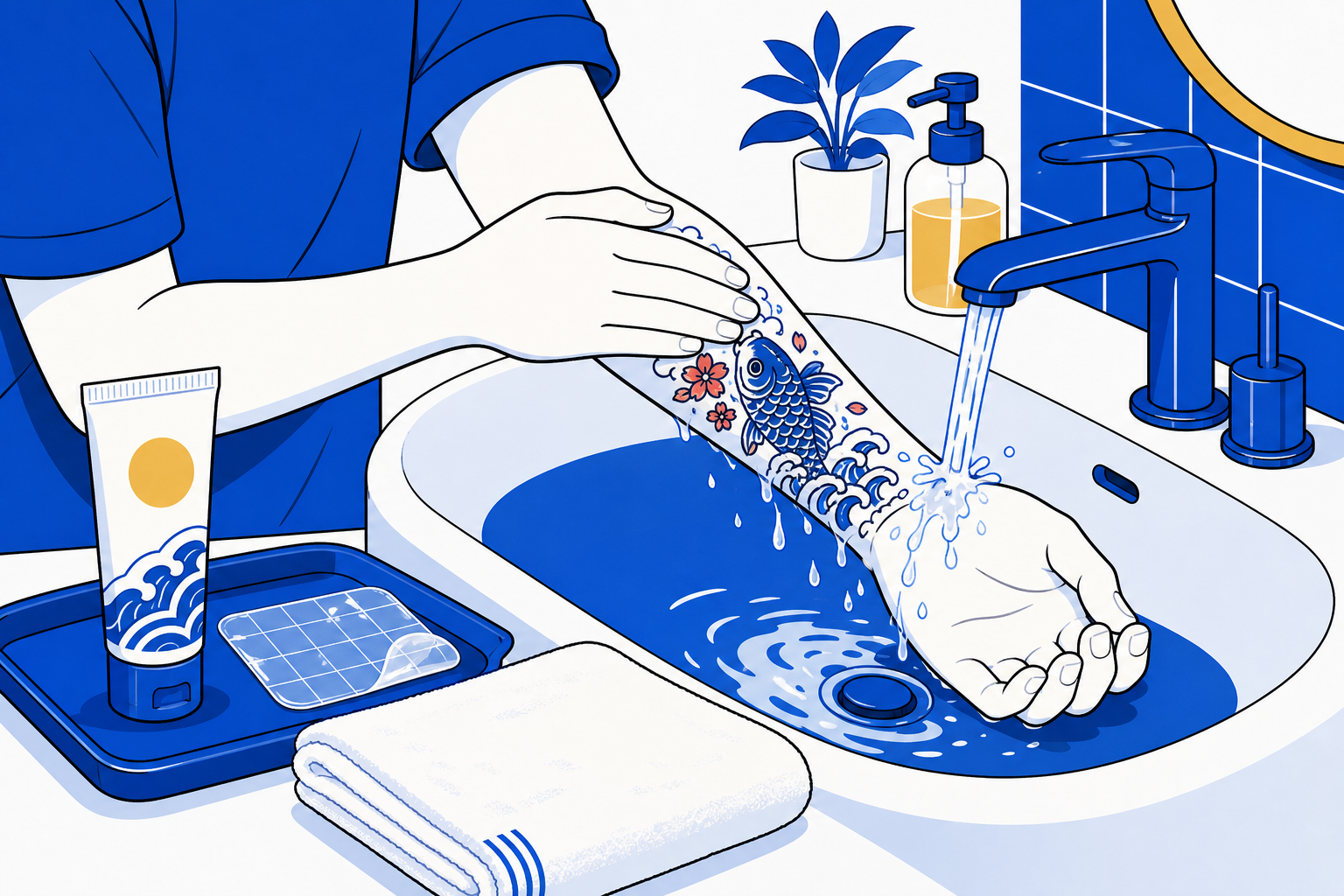 Illustration of tattoo aftercare — a freshly tattooed forearm being gently washed at a sink, with ointment, a film patch, and a towel nearby.