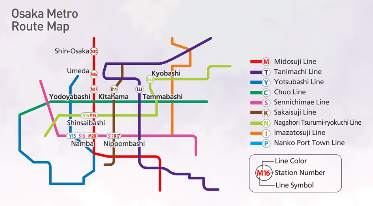 Simplified Osaka Metro Route Map showing color-coded subway lines and major stations