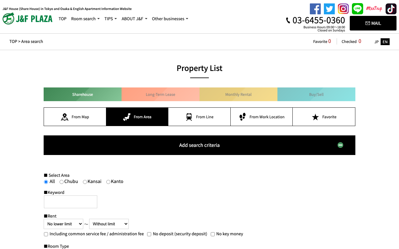 J&F Plaza property search page showing share house listings across Kansai and Kanto in English