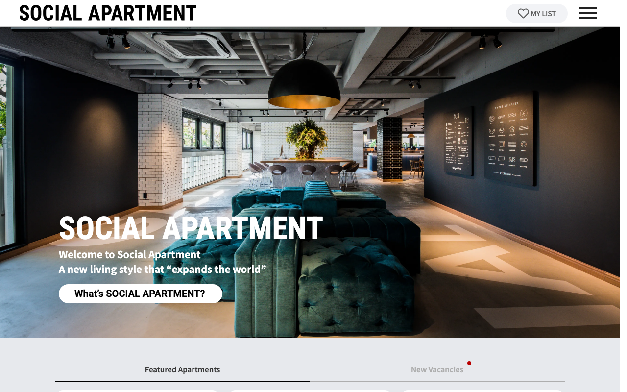 Social Apartment website showcasing their boutique-hotel-style design and premium communal spaces