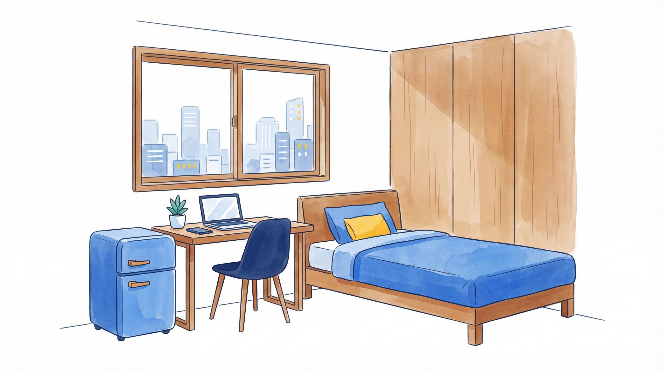 A typical fully furnished private room in an Osaka share house—bed, desk, mini fridge, and city view included