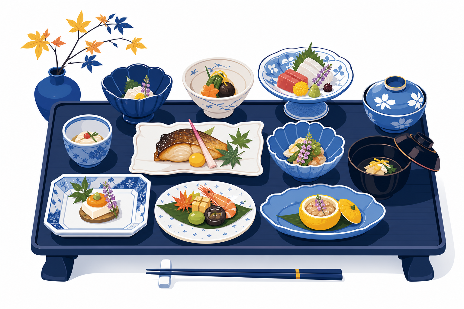 A multi-course kaiseki dinner plated on ceramic dishes
