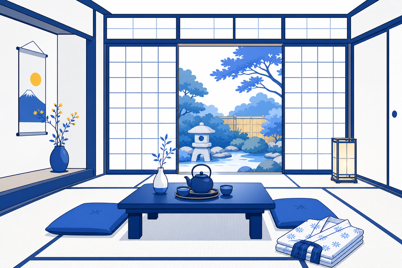 A traditional ryokan tatami room with shoji screens and a garden view