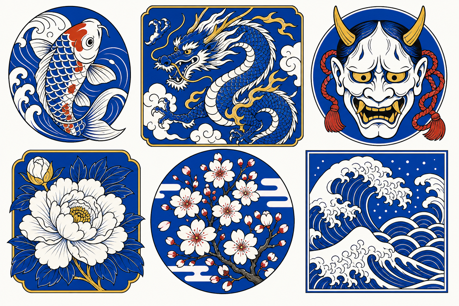 Illustrated reference of traditional Japanese tattoo motifs — koi, dragon, hannya mask, peony, cherry blossom, and wave patterns.