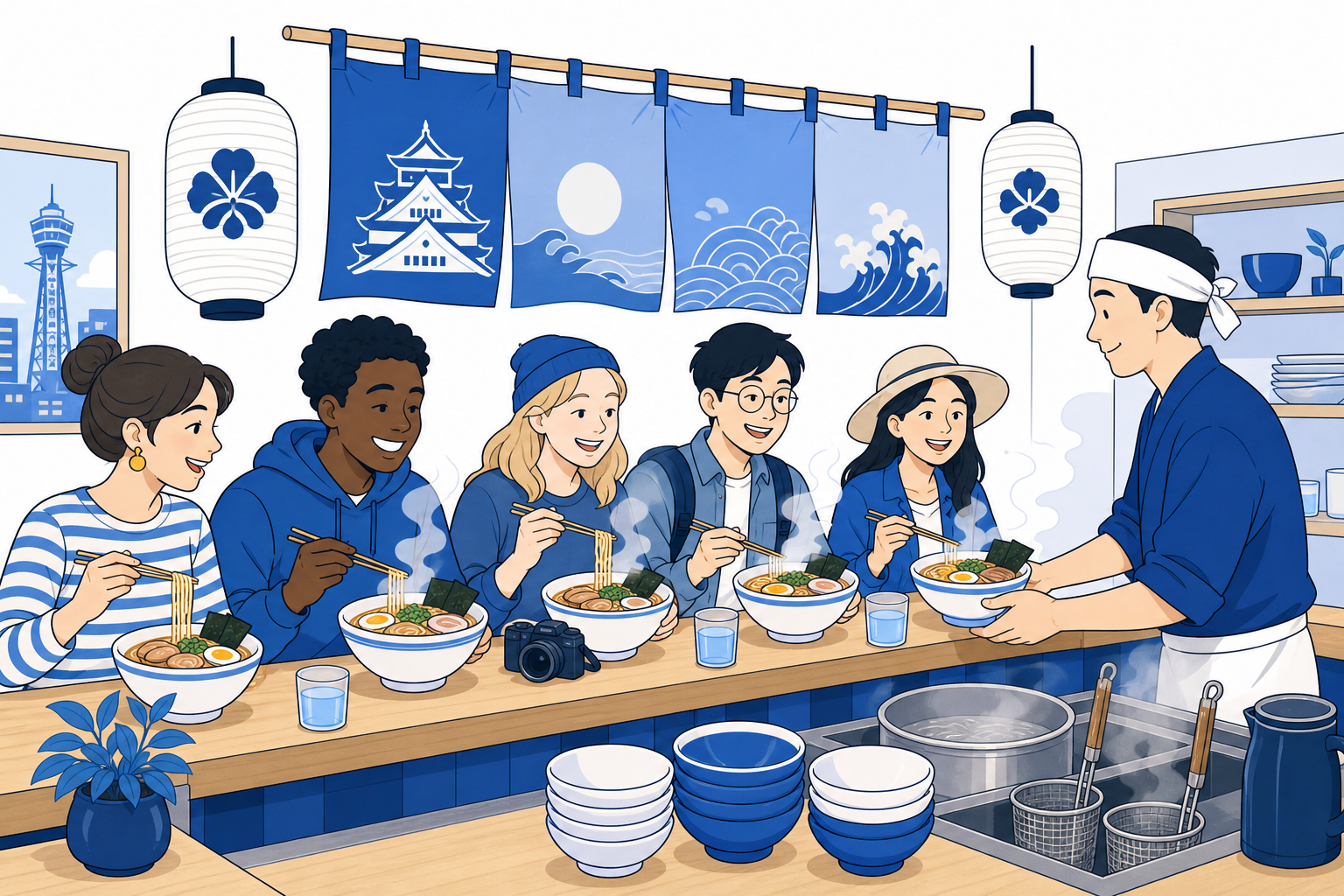 International travelers enjoying steaming bowls of ramen at a counter in an Osaka ramen shop
