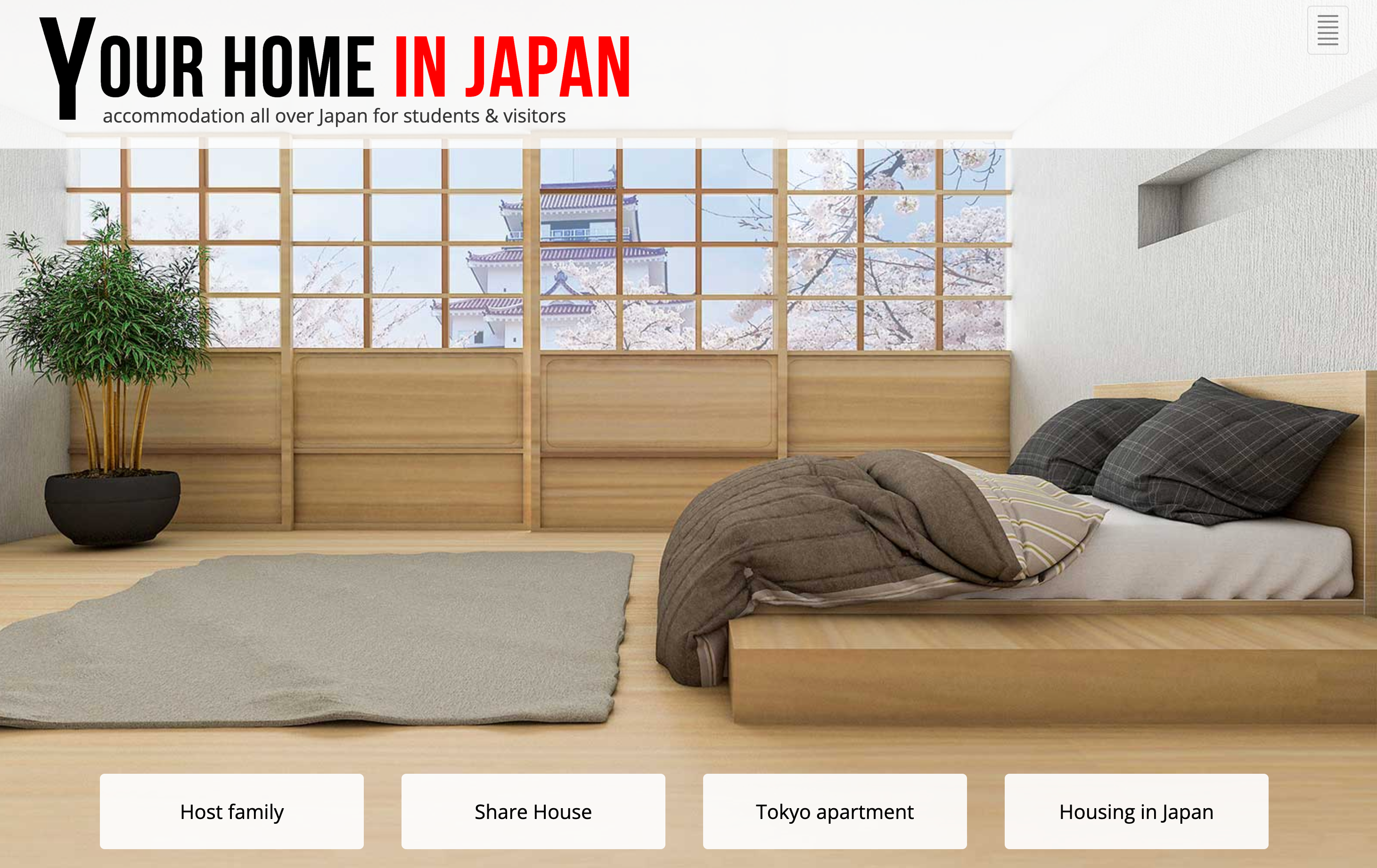 Modern bedroom interior with a view of Osaka Castle and cherry blossoms