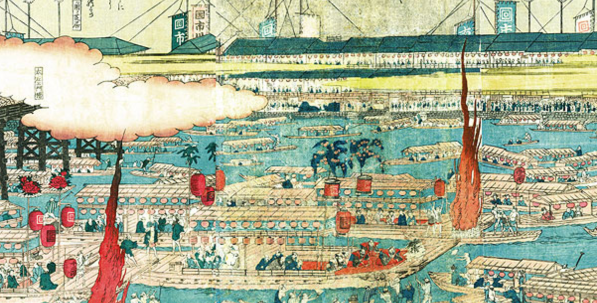Ukiyo-e woodblock print of a lively river festival with many decorated boats and lanterns
