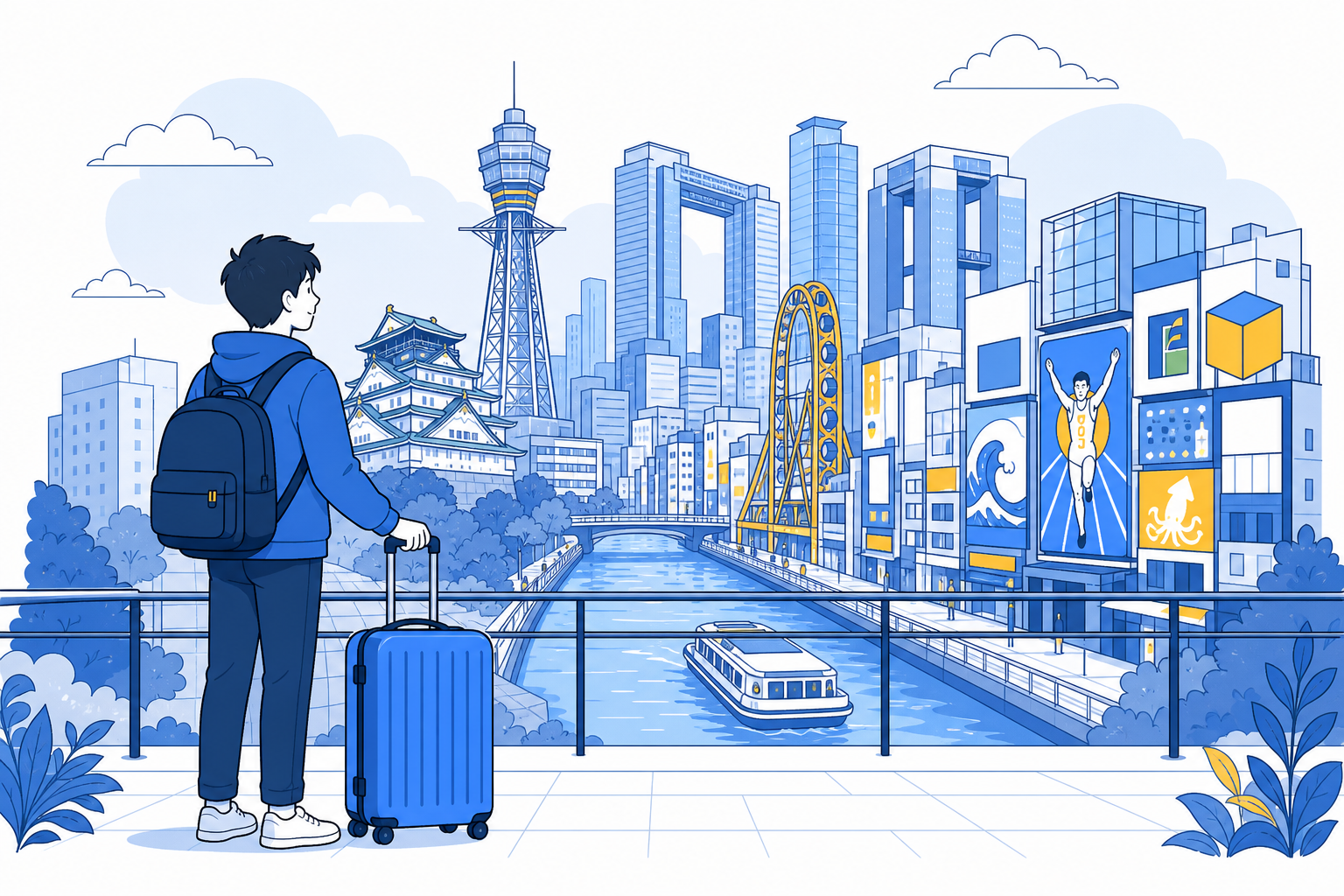 A traveler with a suitcase looking out over the Osaka cityscape while choosing which neighborhood to stay in