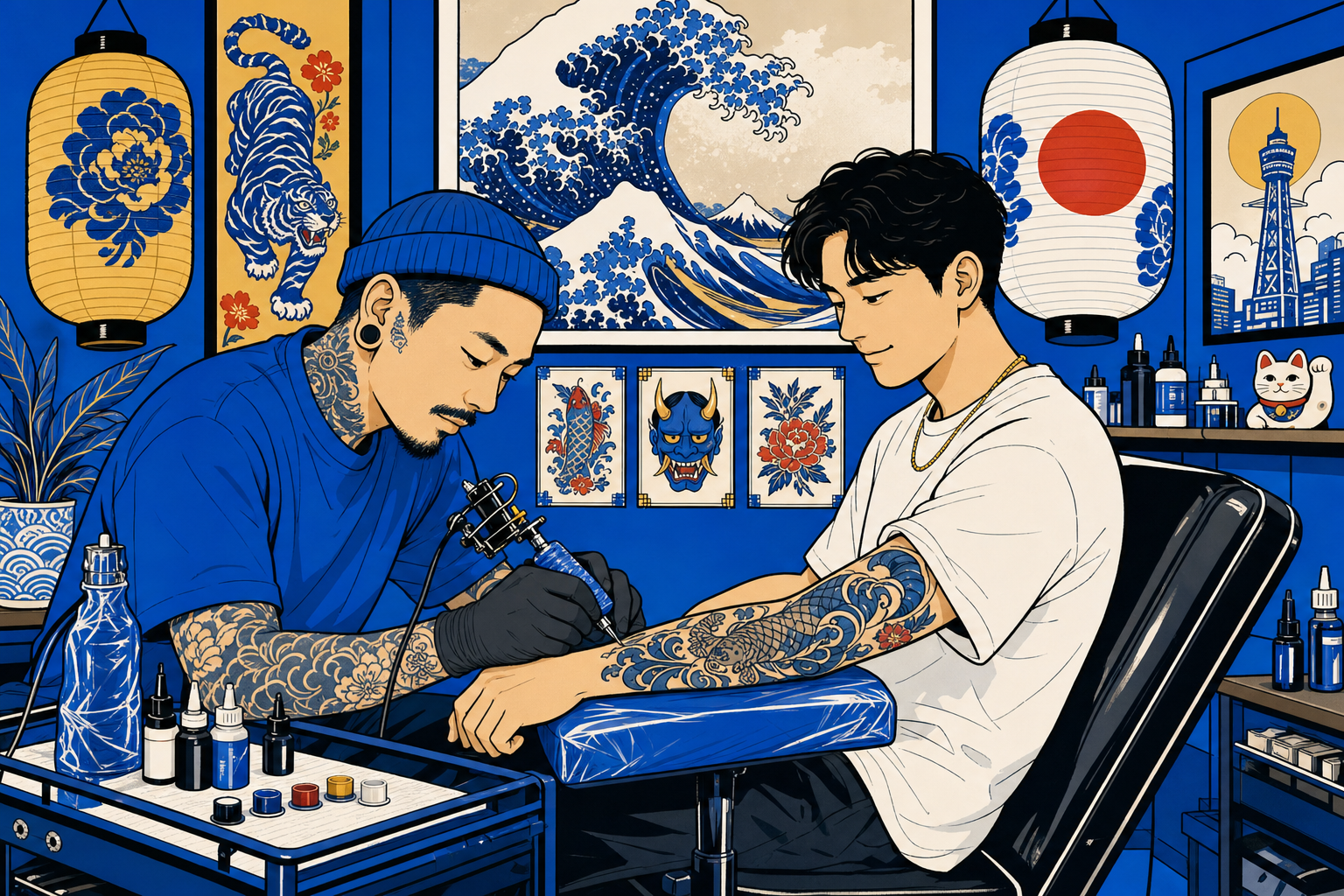 Illustration of an Osaka tattoo studio — an artist working on a client's forearm with Japanese woodblock-style wave prints and paper lanterns on the wall.