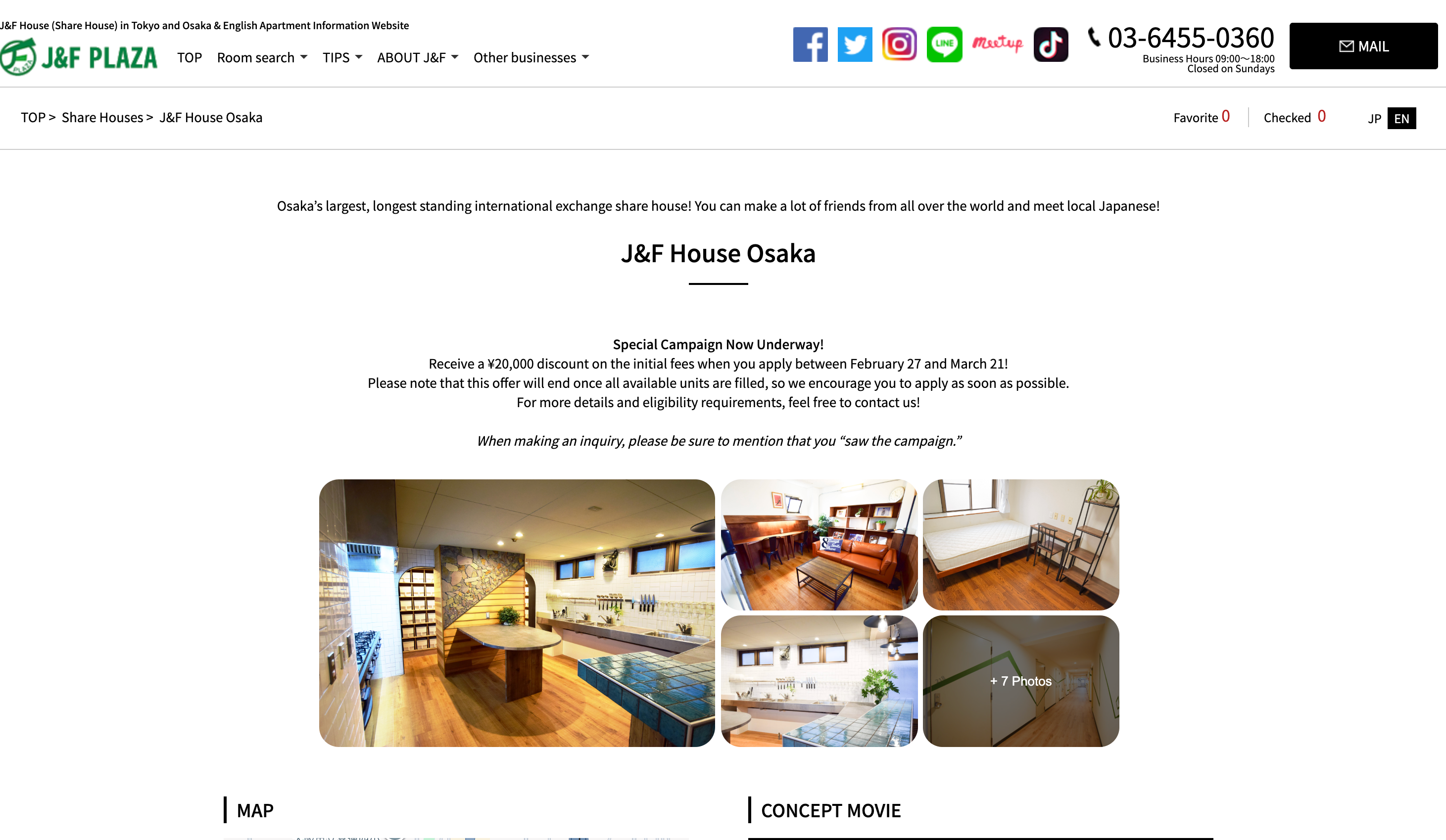 J&F House Osaka website with photos of a shared kitchen and bedrooms