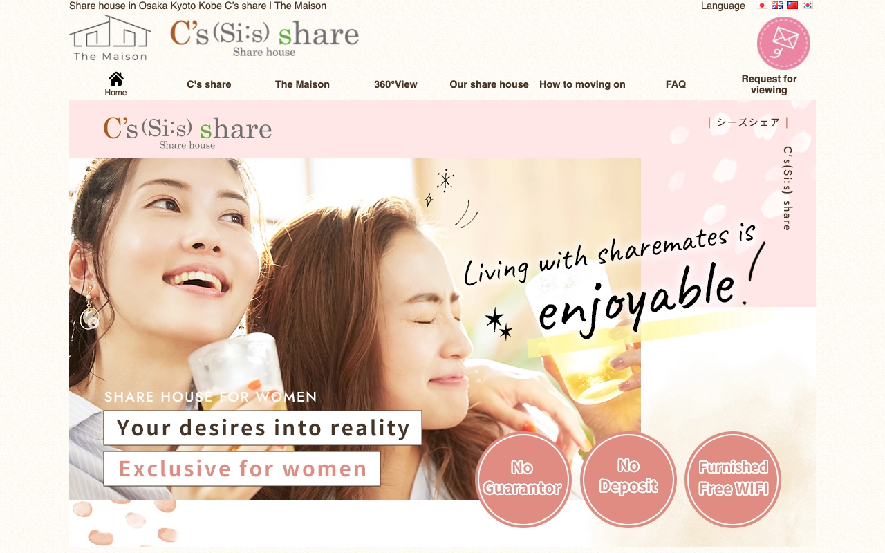 C's share and The Maison Kansai-focused share house listings with women-only and co-ed brands