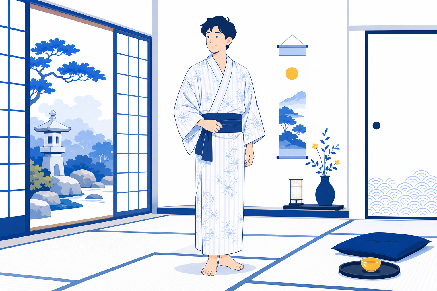Wearing a yukata robe with the left side folded over the right