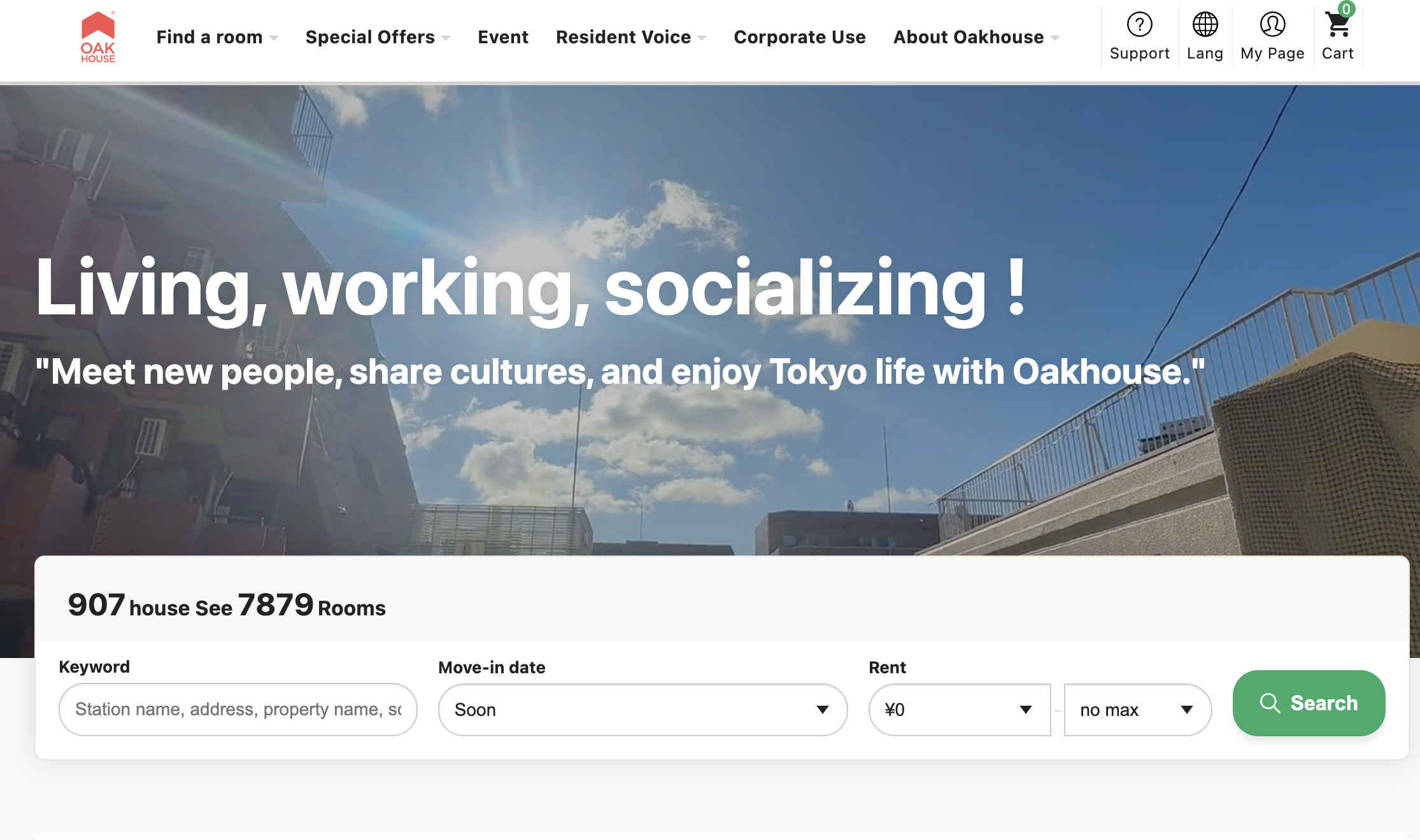 Oakhouse homepage with room search bar and slogan Living working socializing