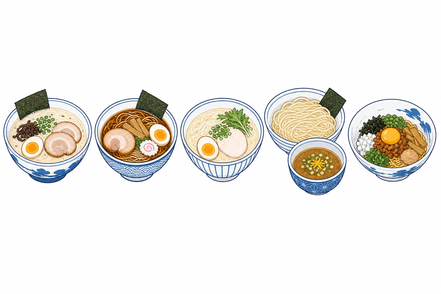 Five distinct styles of Osaka ramen side by side: tonkotsu, shoyu, tori-paitan, tsukemen, and mazesoba