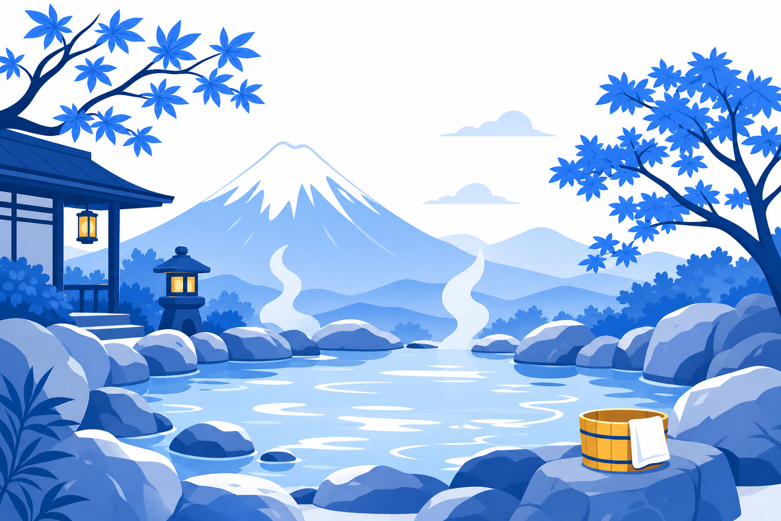 An outdoor onsen hot-spring bath among Japanese maple trees