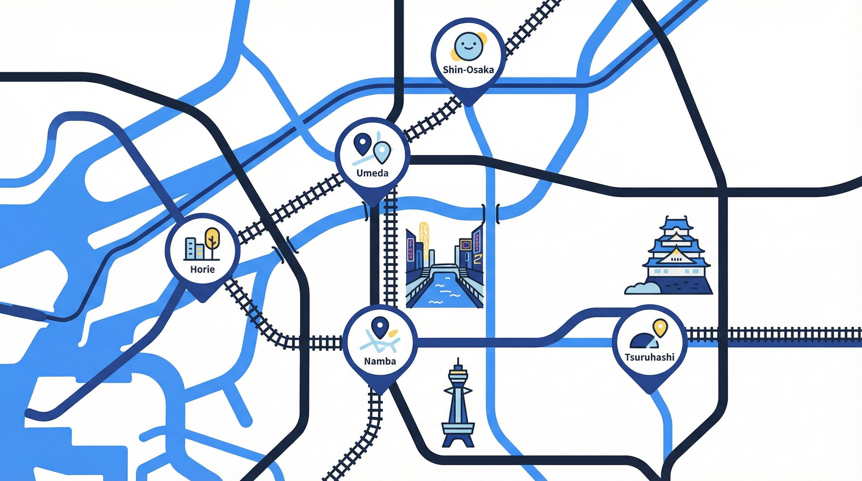 Illustrated map of Osaka highlighting the five best neighborhoods for international share houses: Tsuruhashi, Umeda, Horie, Namba, and Shin-Osaka