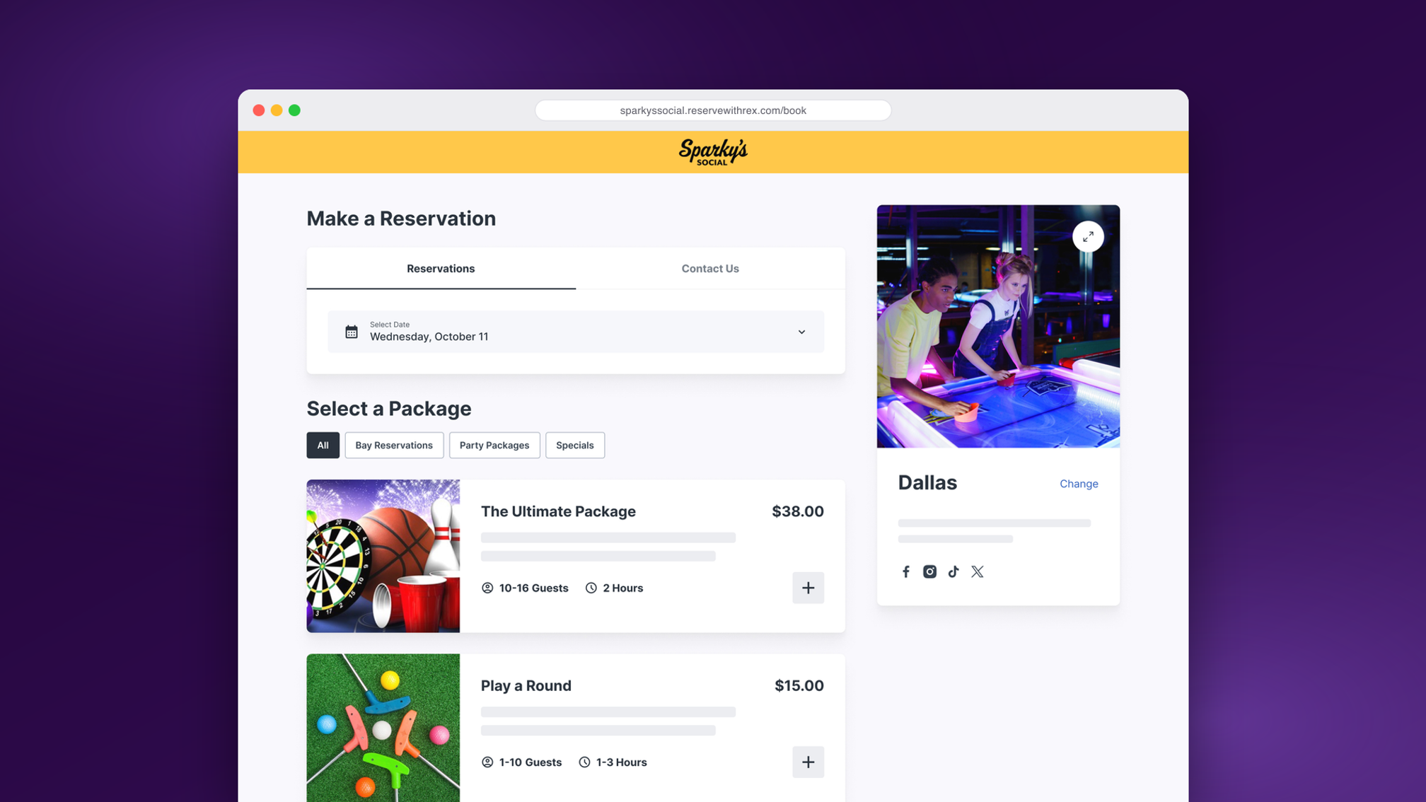 Sparky's Social booking flow — package selection screen, framed in a browser